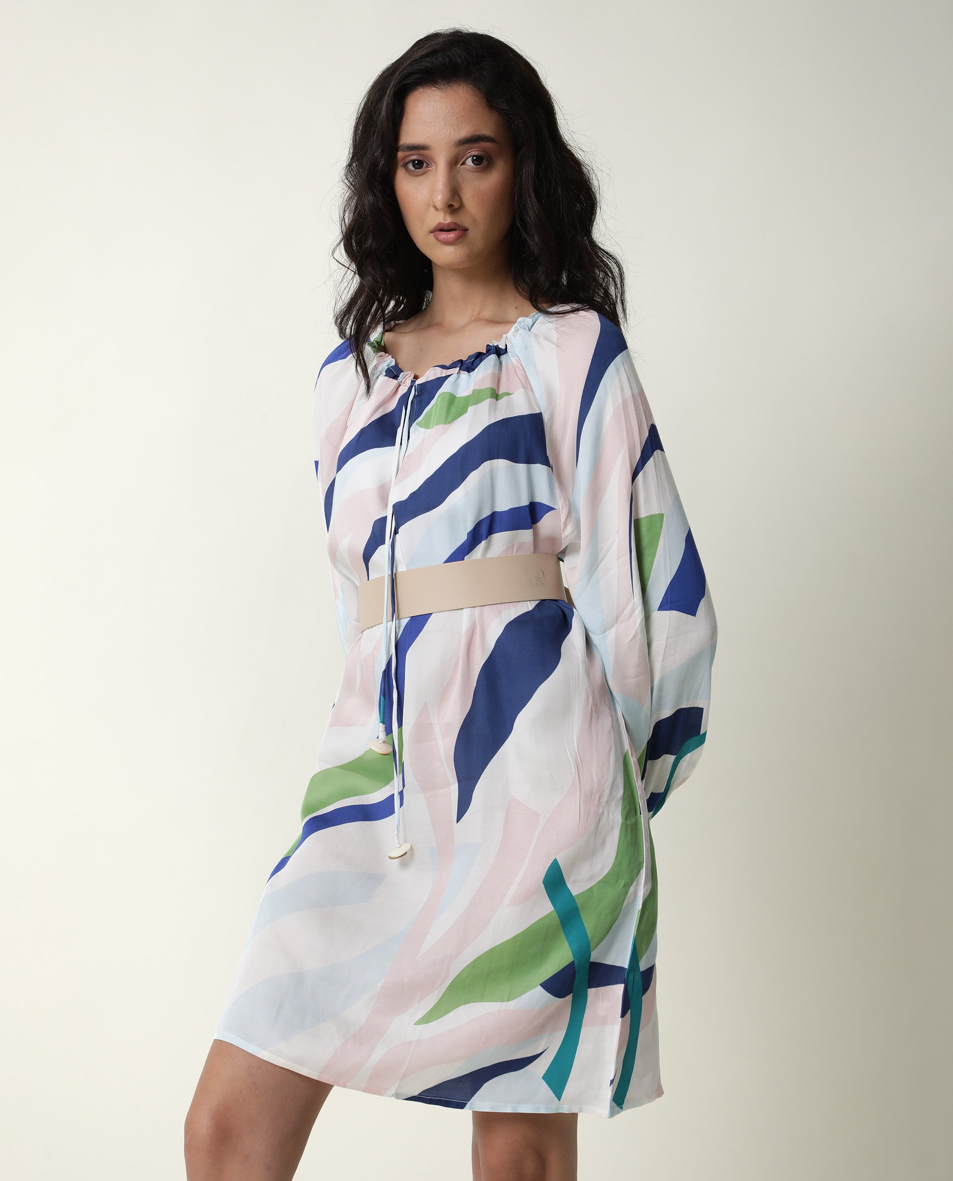 Rareism Women Alloy White Abstract Round Neck Tie Up Full Sleeves Mini Dress