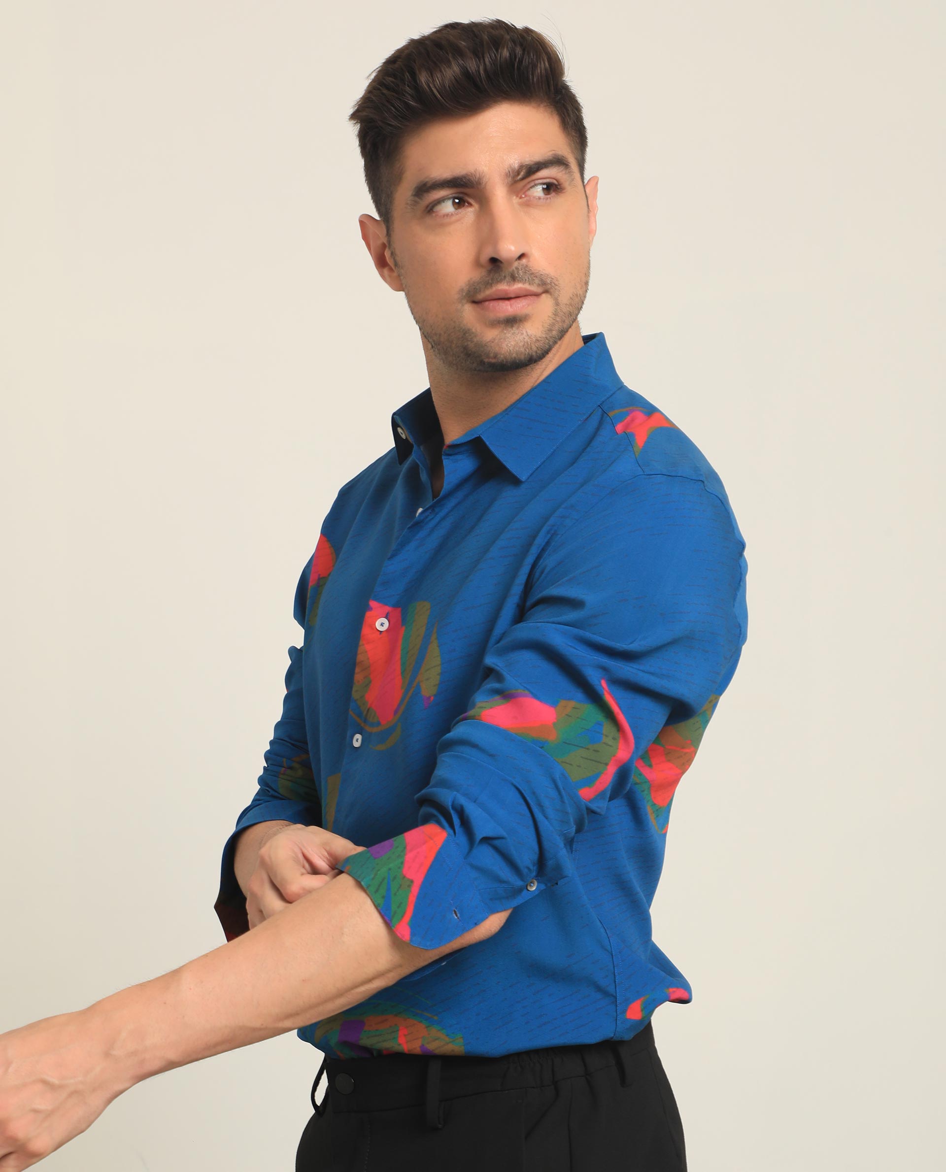 Rare Rabbit Men's Palme Blue Viscose Fabric Abstract Print Full Sleeves Shirt