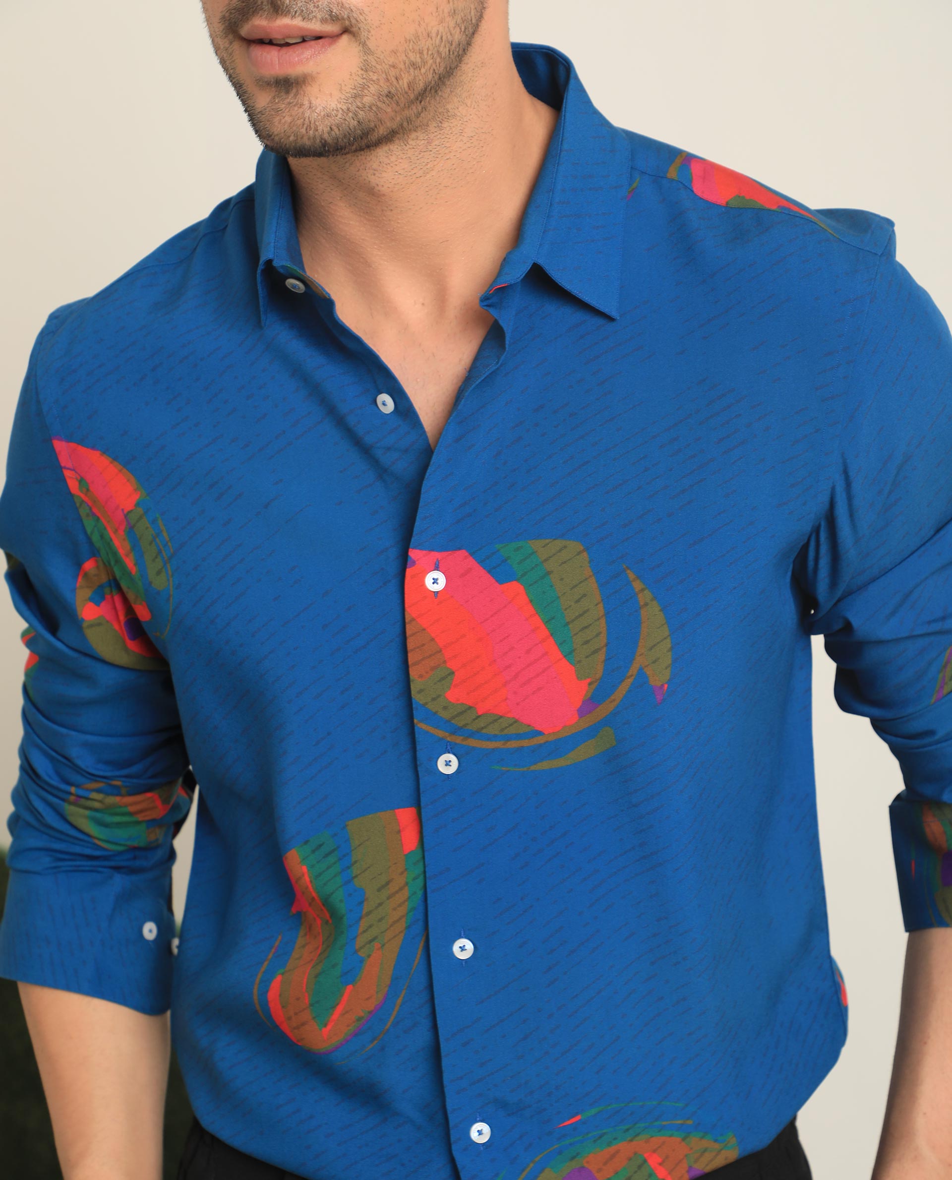 Rare Rabbit Men's Palme Blue Viscose Fabric Abstract Print Full Sleeves Shirt
