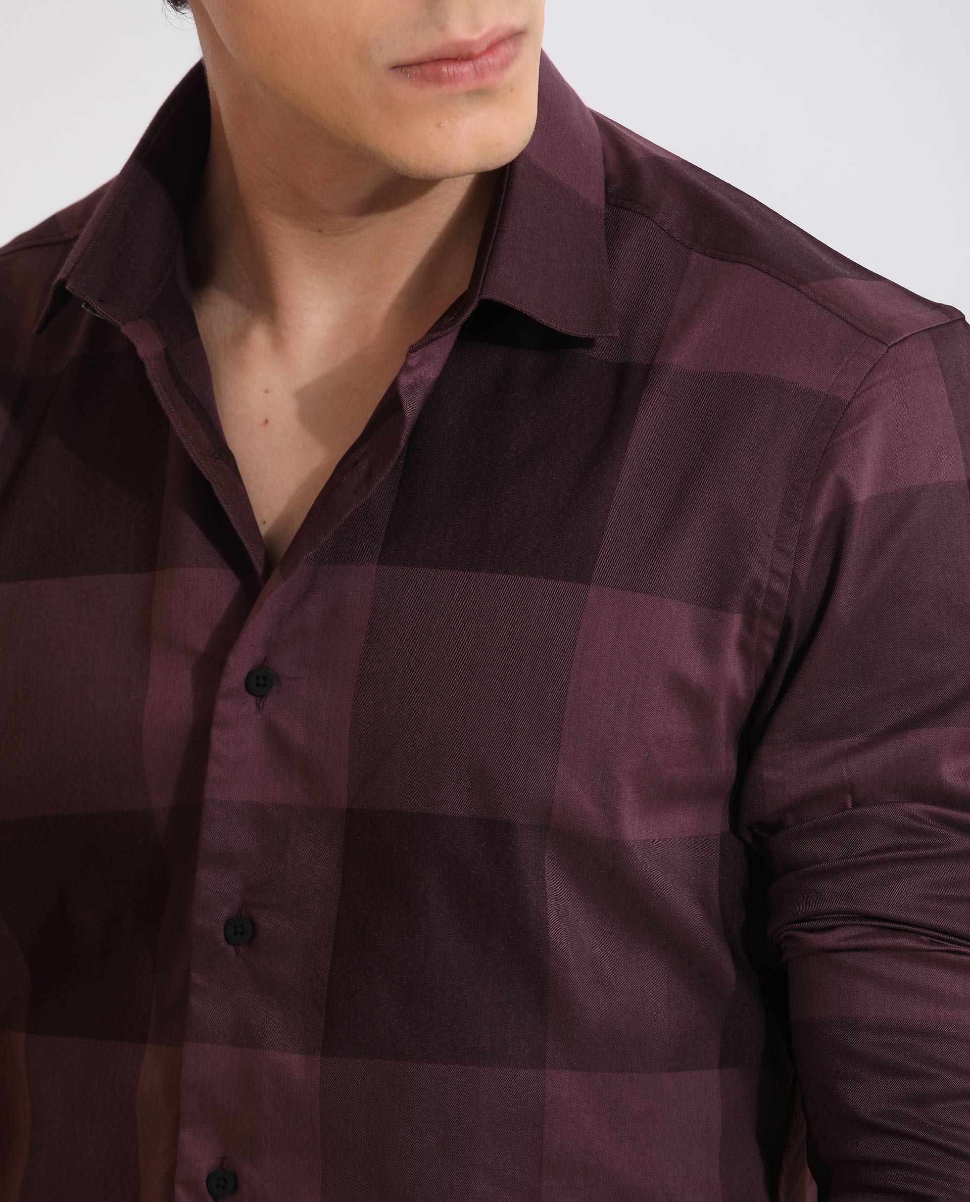 Rare Rabbit Men's Santhe Maroon Cotton Lycra Fabric Full Sleeves Regular Fit Tonal Checks Shirt