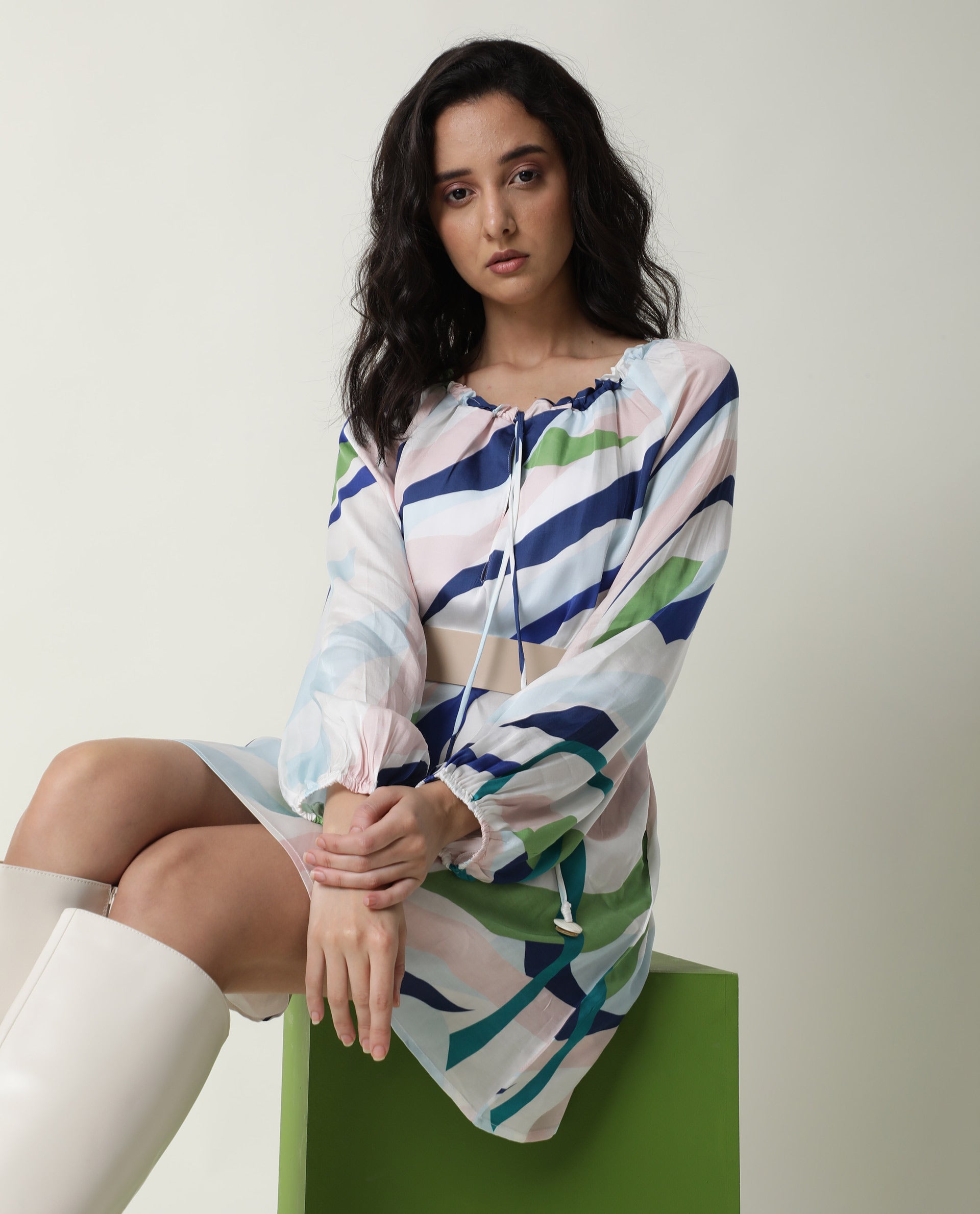 Rareism Women Alloy White Abstract Round Neck Tie Up Full Sleeves Mini Dress