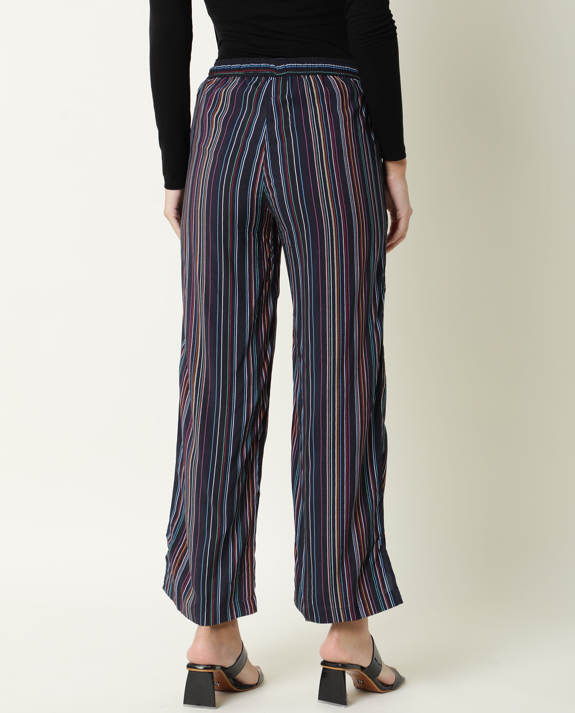 Rareism Women Moose Black Viscose Fabric Tailored Fit Mid Rise Striped Ankle Length Trousers