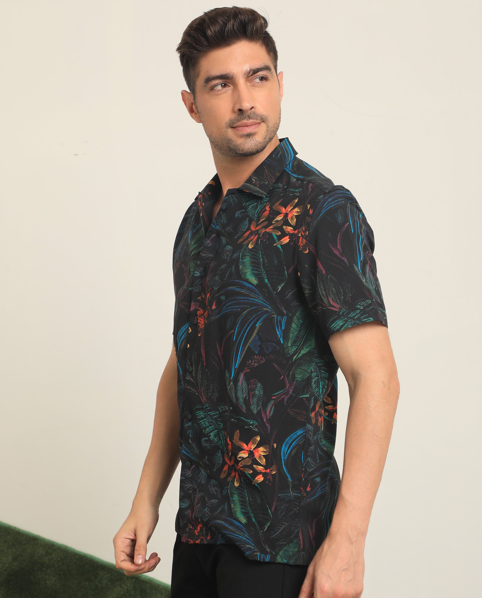 Rare Rabbit Men's Dabney Black Viscose Fabric Half Sleeves Tropical Print Shirt