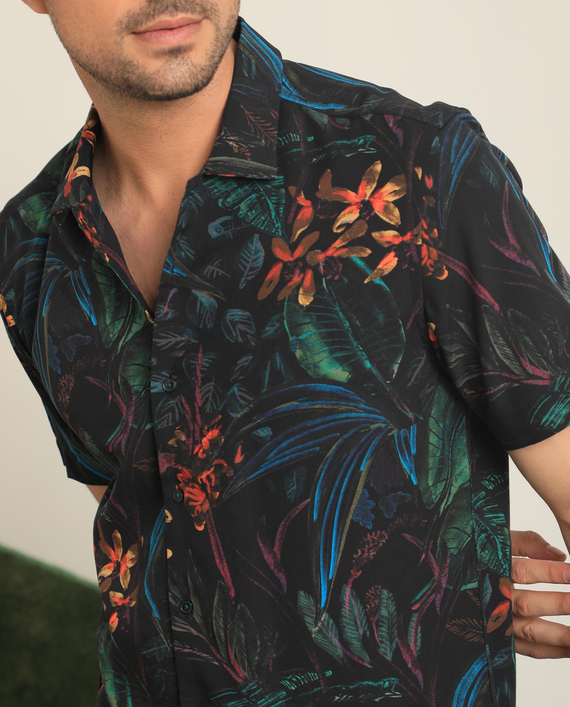 Rare Rabbit Men's Dabney Black Viscose Fabric Half Sleeves Tropical Print Shirt