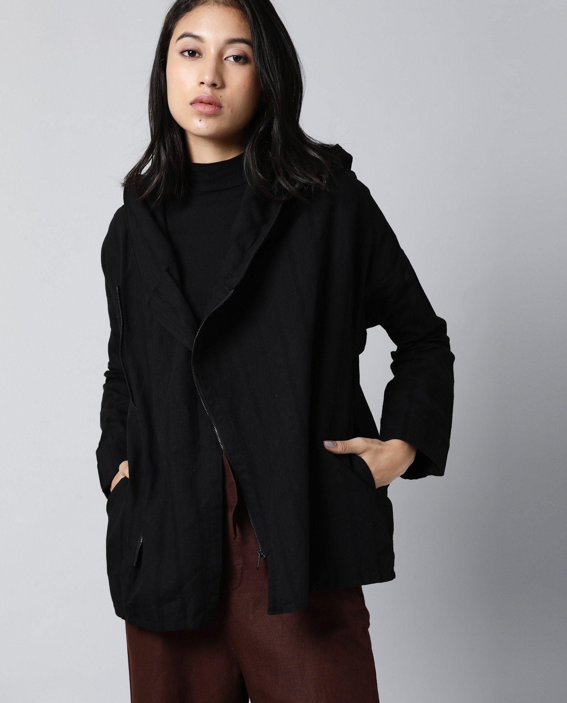 Rareism Womens Air Black Hoodie Zipper Closure