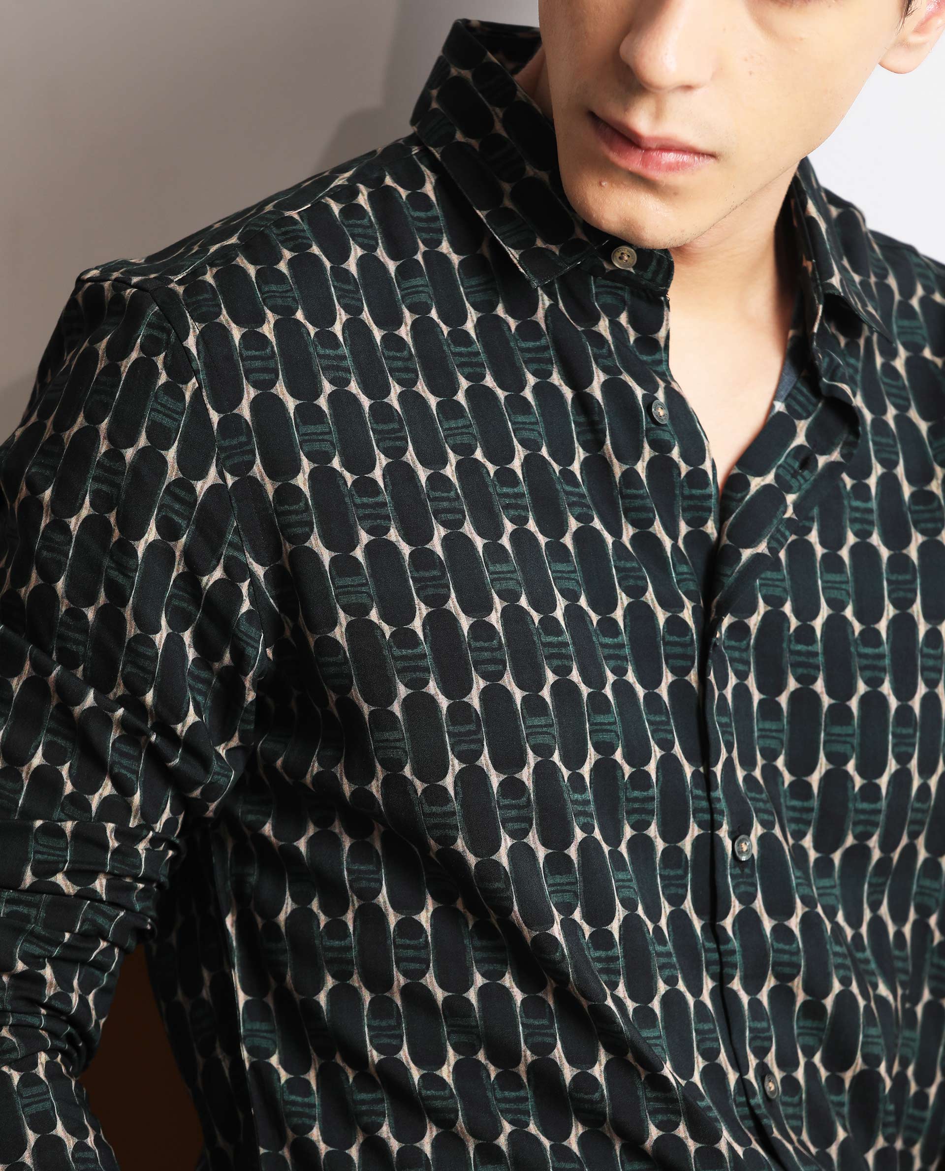 Rare Rabbit Mens Oliver Green Viscose Fabric Full Sleeves Slim Fit Geometric Print Shirt