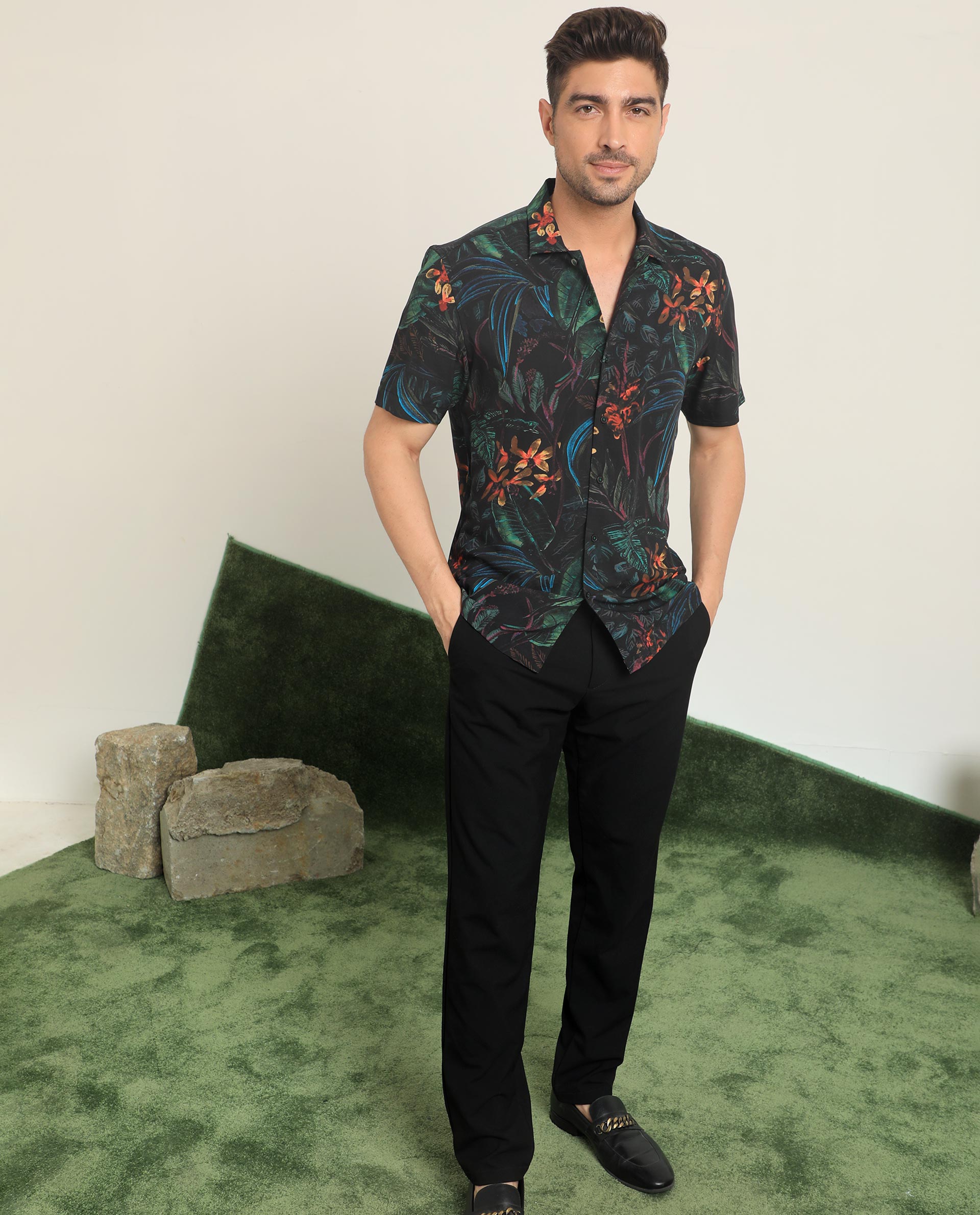 Rare Rabbit Men's Dabney Black Viscose Fabric Half Sleeves Tropical Print Shirt