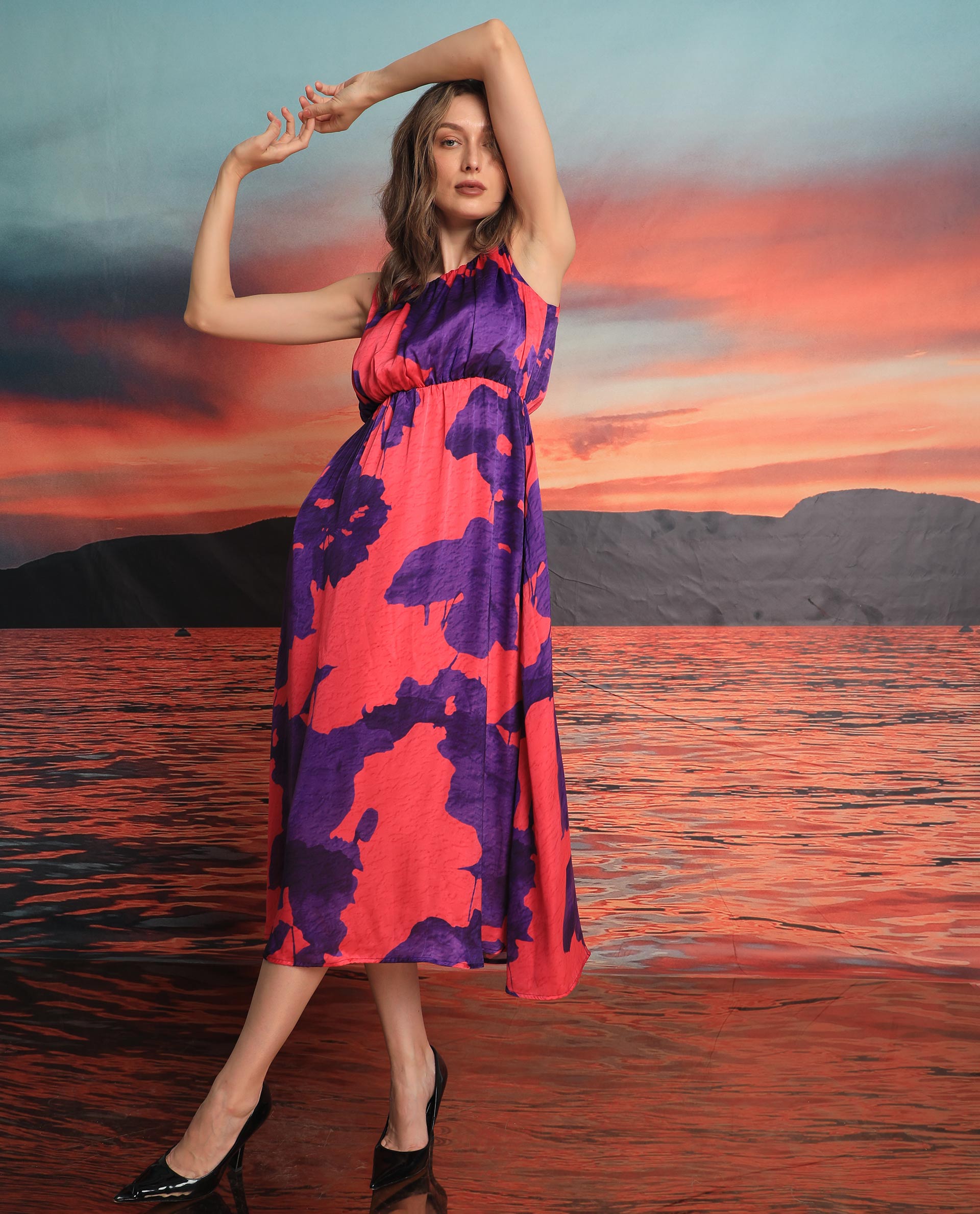 Rareism Women Kelly Pink Polyester Fabric Boat Neck Sleeveless Regular Fit Floral Print Knee Length Empire Dress