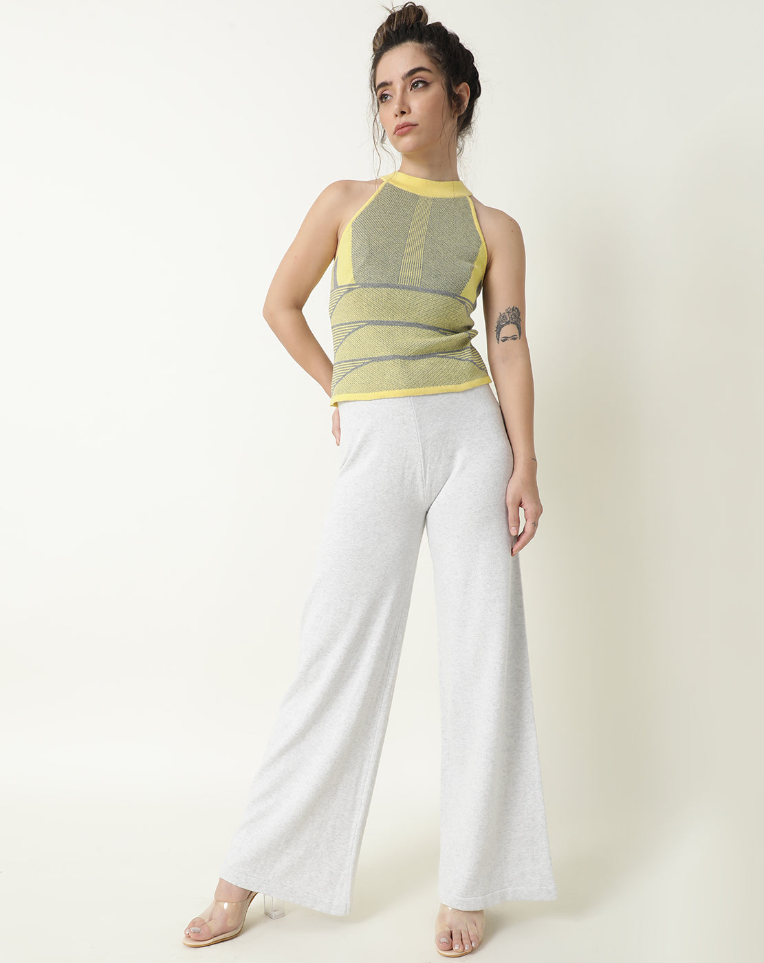 Rareism Women Lila Yellow Cotton Fabric Sleeveless Regular Fit Abstract Print Halter Neck Sweater