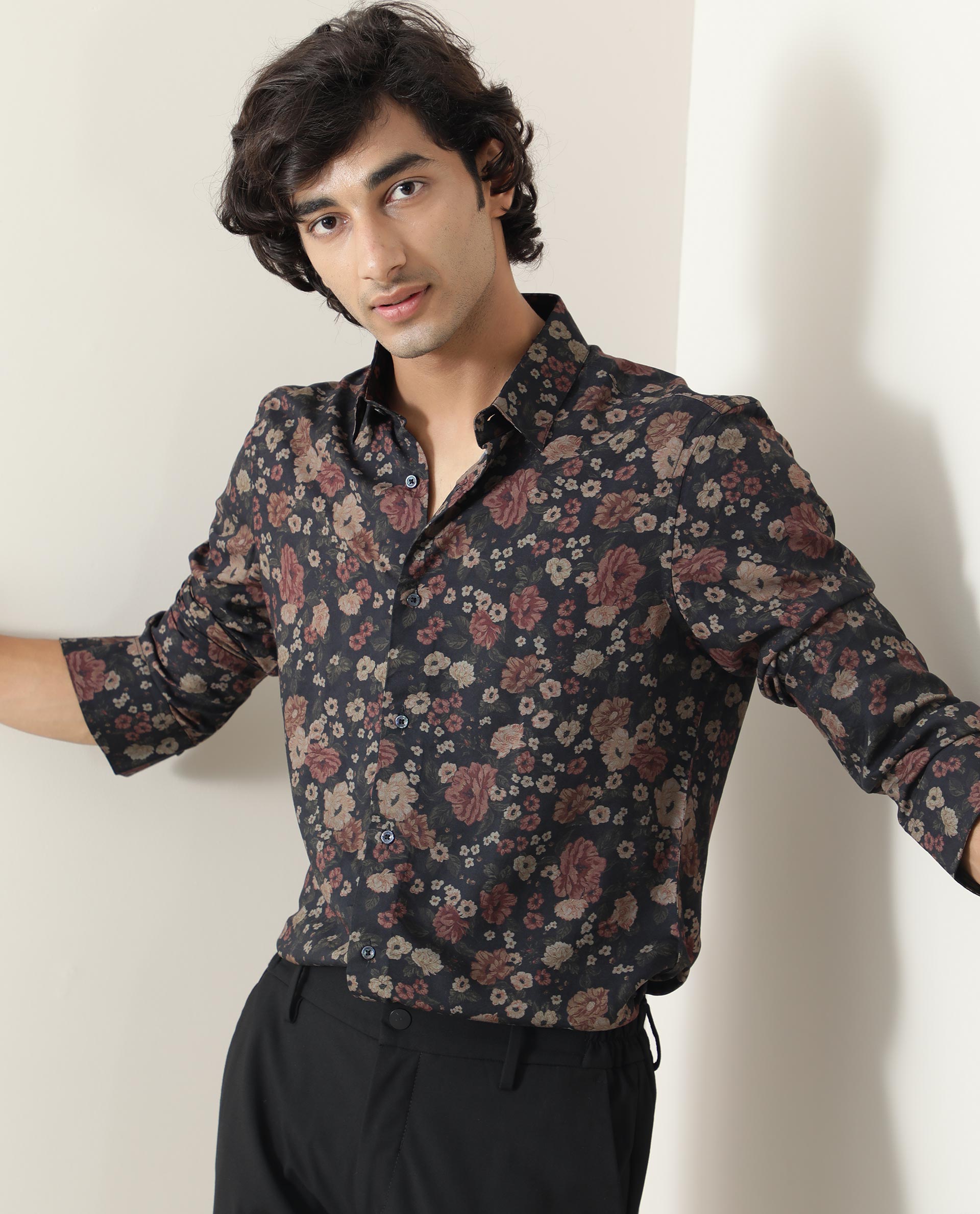 Rare Rabbit Men Vynill Blue Viscose Fabric Full Sleeves Regular Fit Floral Print Shirt