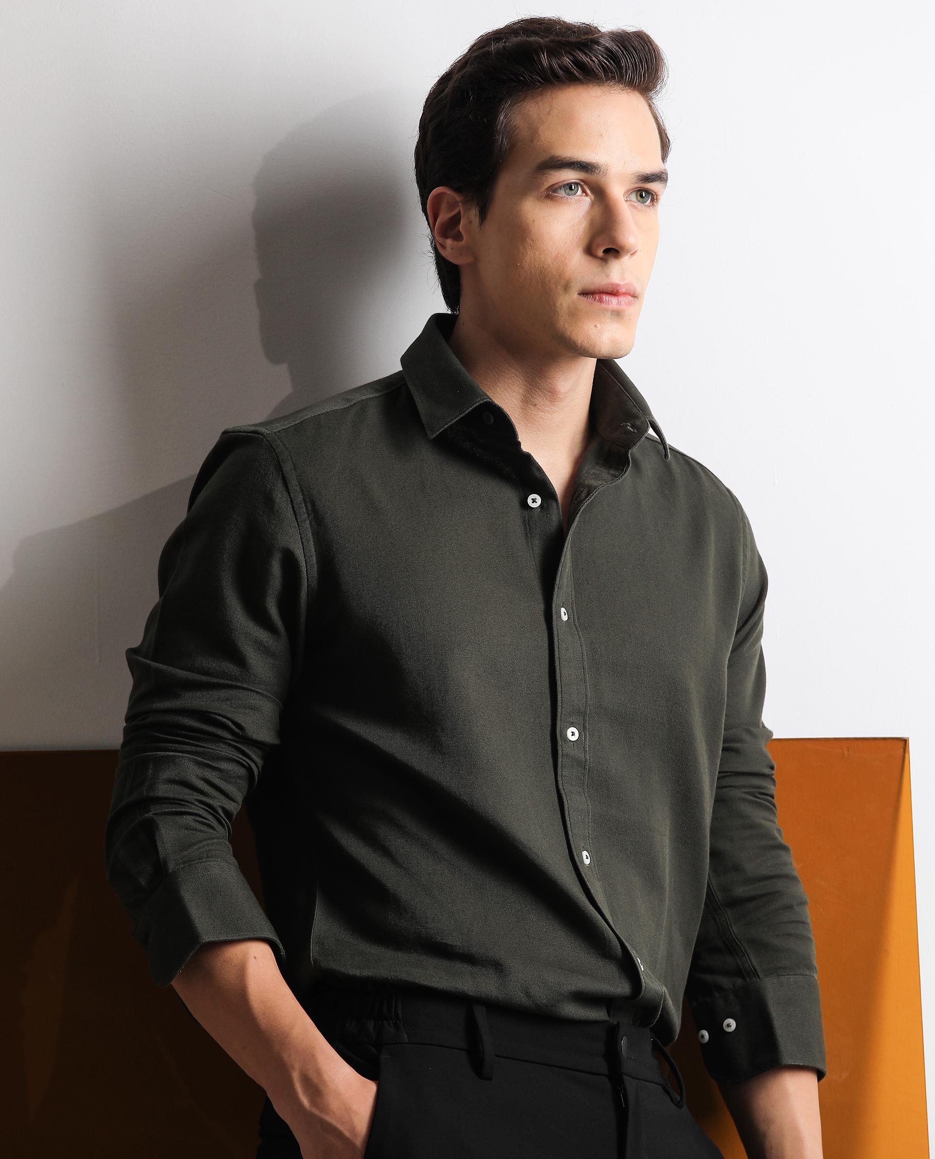 Rare Rabbit Mens Otago Olive Cotton Fabric Full Sleeves Regular Fit Solid Twill Shirt