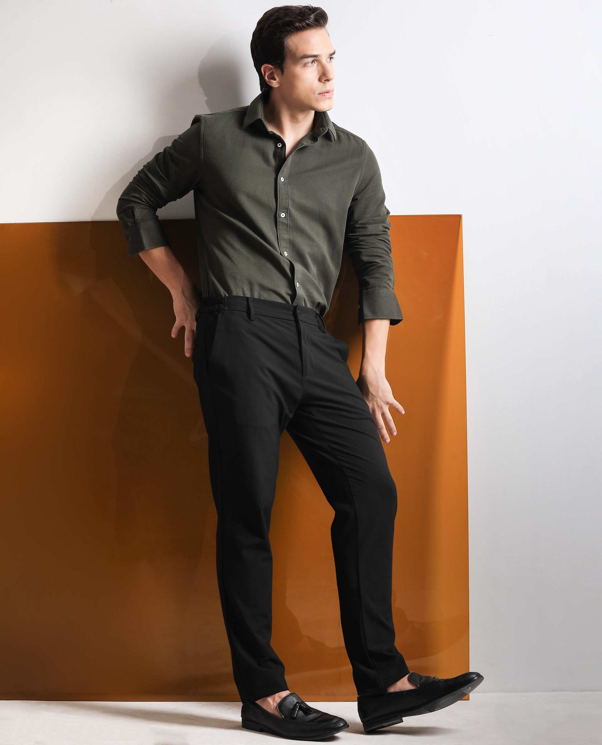 Rare Rabbit Mens Otago Olive Cotton Fabric Full Sleeves Regular Fit Solid Twill Shirt