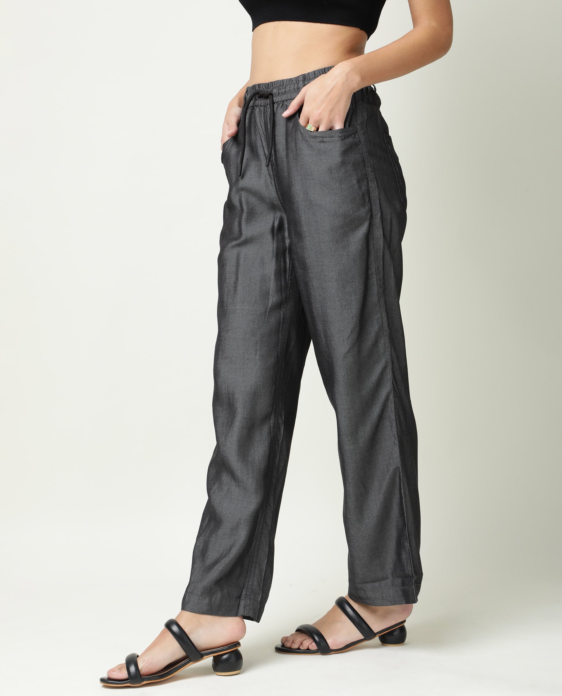 Rareism Women Lipo Black Tencel Fabric Solid Relaxed Fit Ankle Length High Rise Palazzo