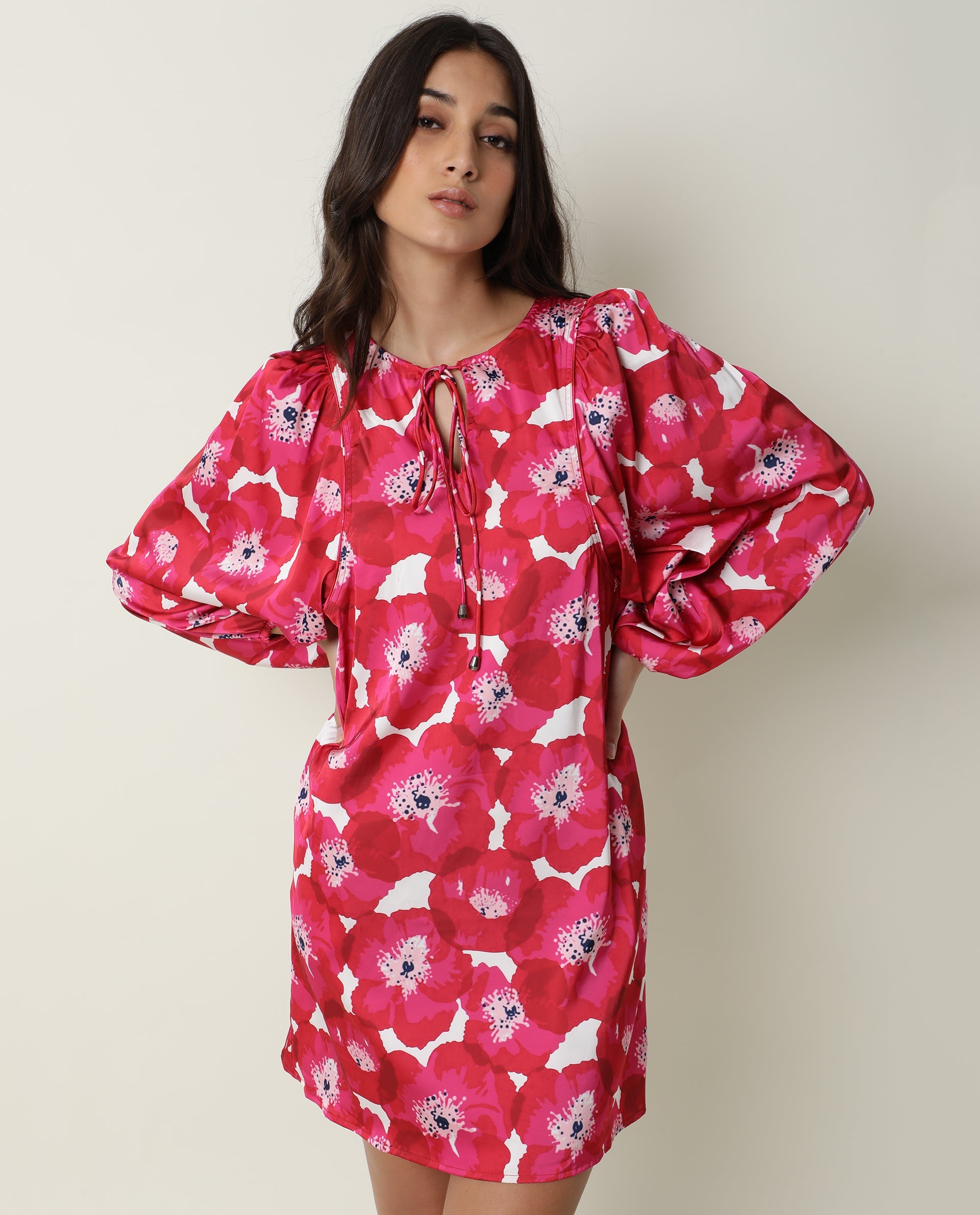 Rareism Women Margn Dark Red Abstract Print Round Neck With Tie Up Full Volume Sleeves Mini Dress