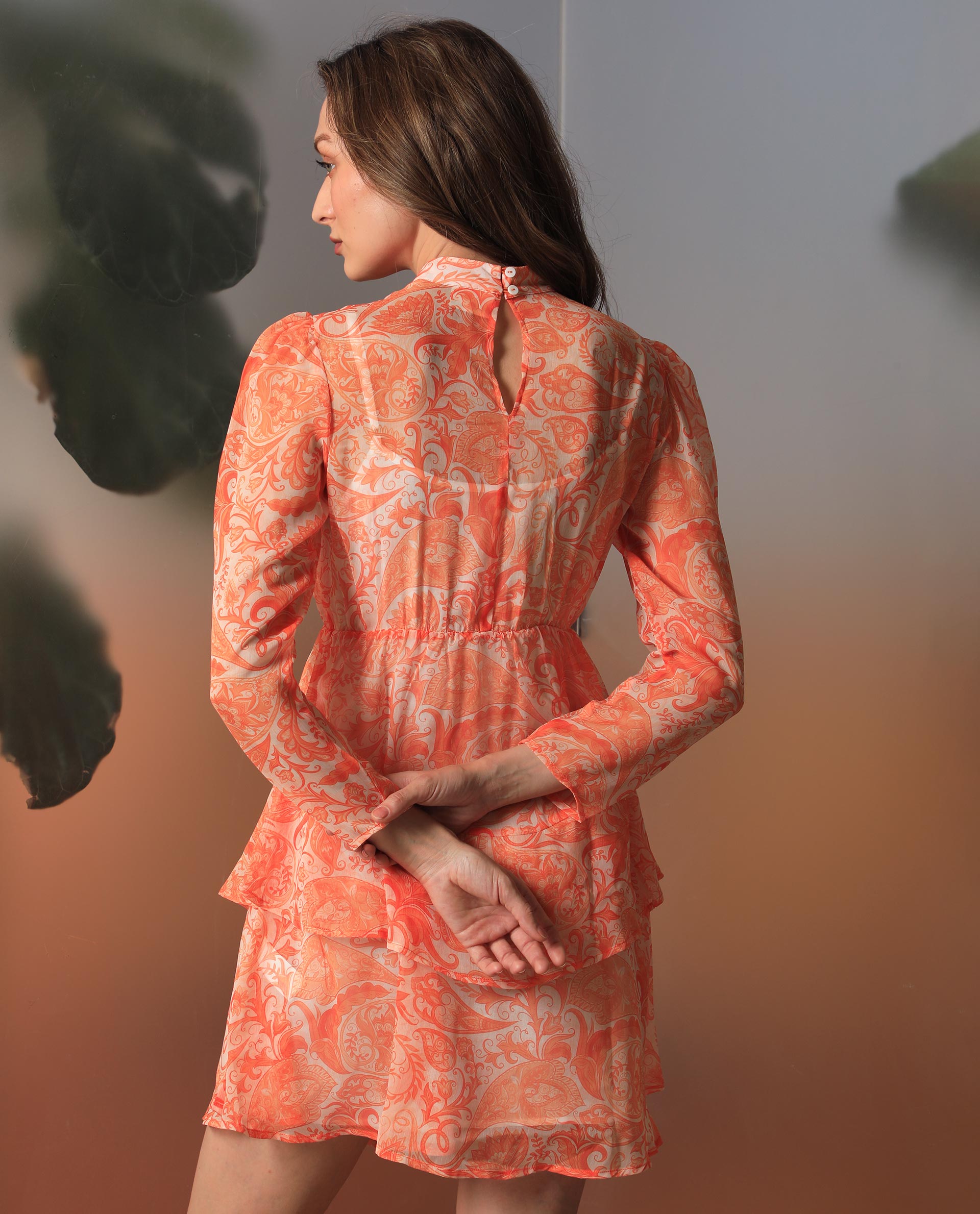 Rareism Women Claris Orange Cotton Fabric Full Sleeves High Neck Regular Fit Paisley Print Knee Length Dress