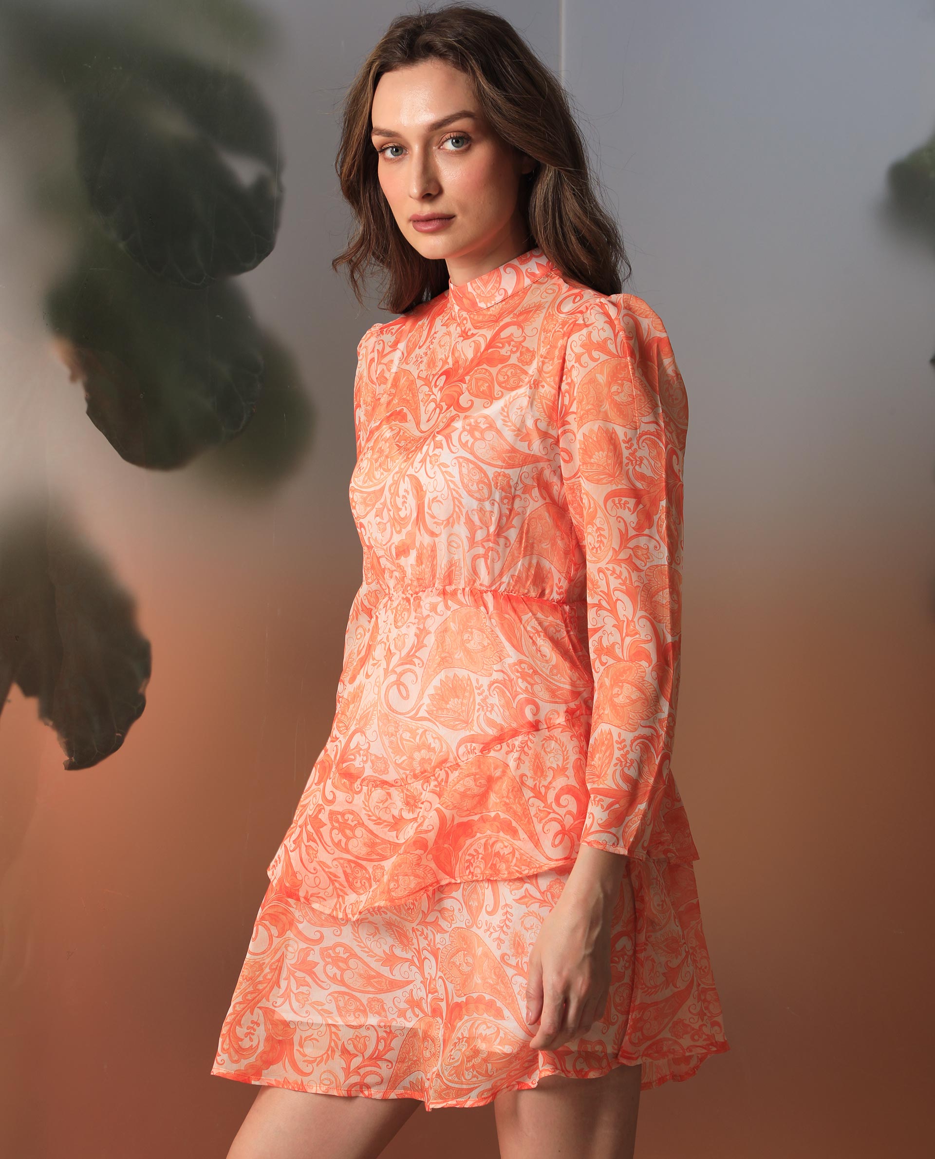 Rareism Women Claris Orange Cotton Fabric Full Sleeves High Neck Regular Fit Paisley Print Knee Length Dress