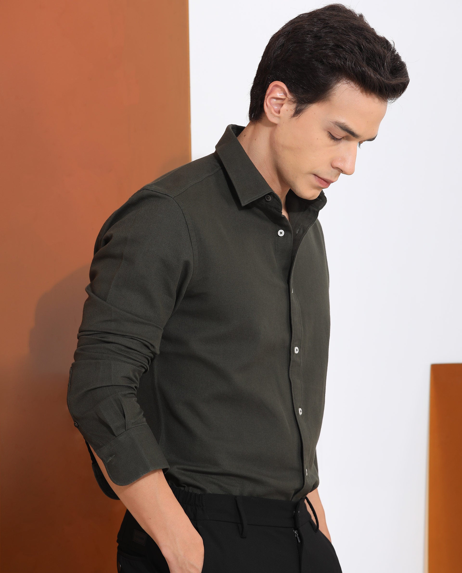 Rare Rabbit Mens Otago Olive Cotton Fabric Full Sleeves Regular Fit Solid Twill Shirt