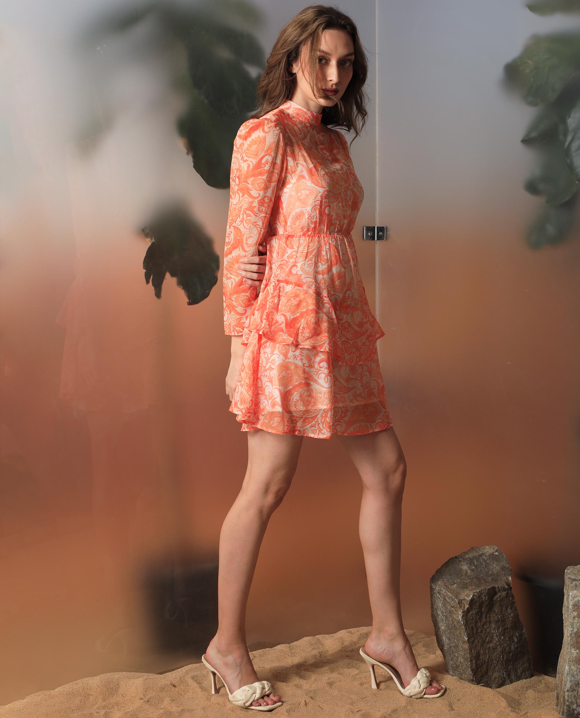 Rareism Women Claris Orange Cotton Fabric Full Sleeves High Neck Regular Fit Paisley Print Knee Length Dress