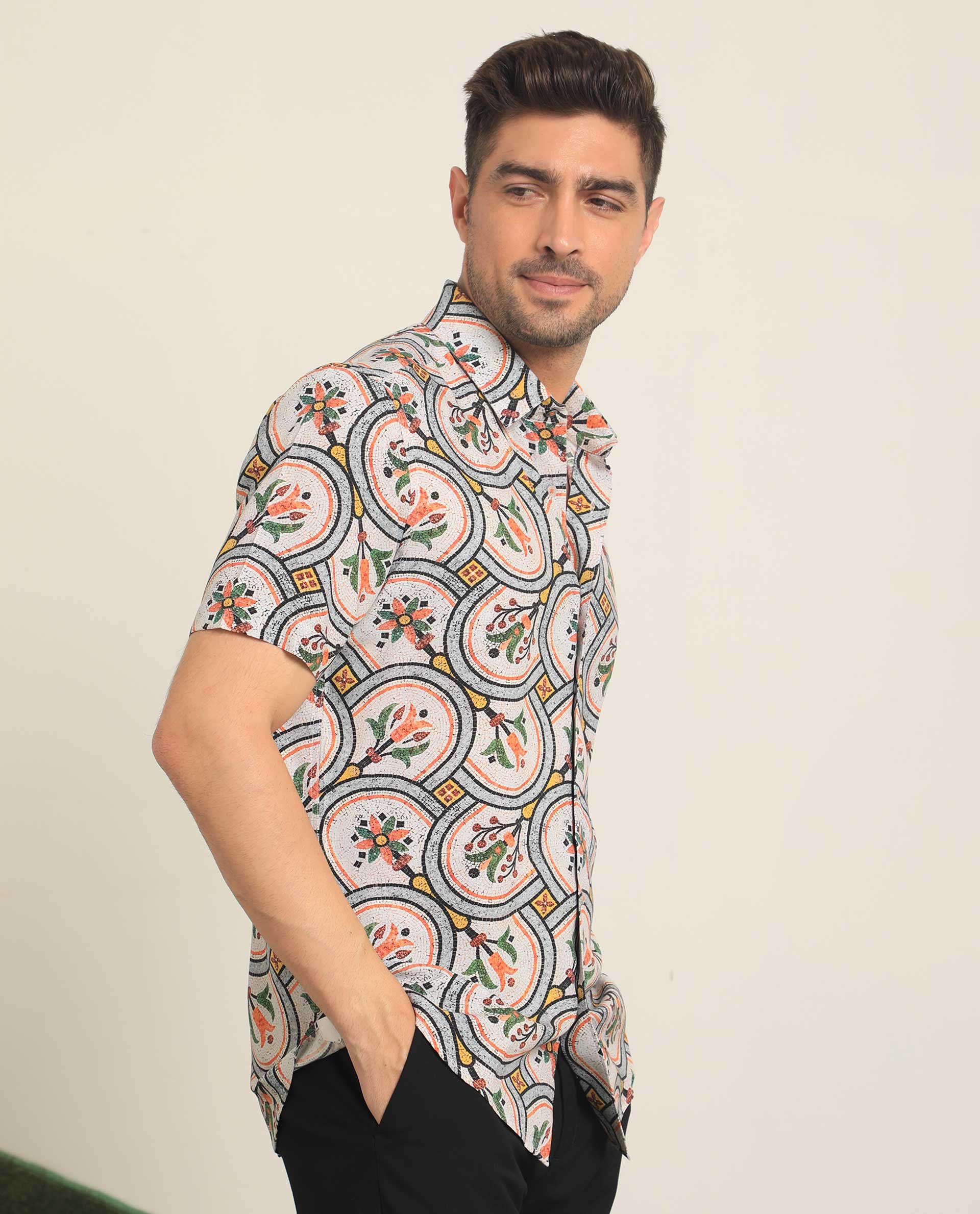 Rare Rabbit Men's Tiles Multi Viscose Fabric Half Sleeves Mosaic Floral Print Shirt
