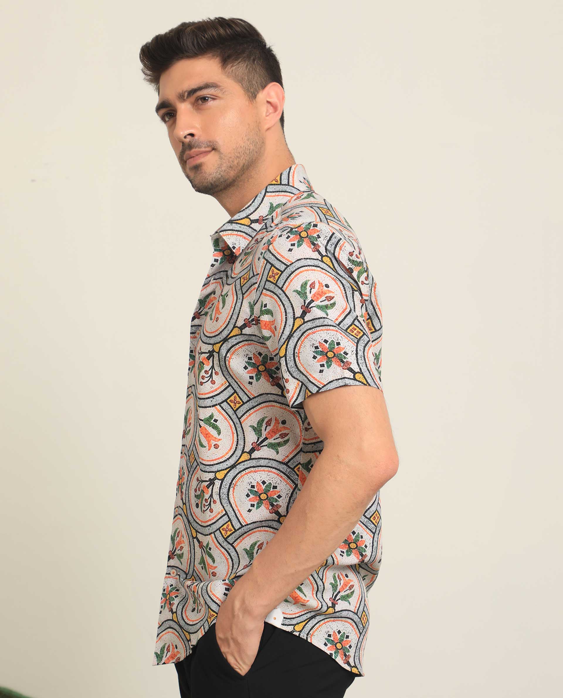 Rare Rabbit Men's Tiles Multi Viscose Fabric Half Sleeves Mosaic Floral Print Shirt
