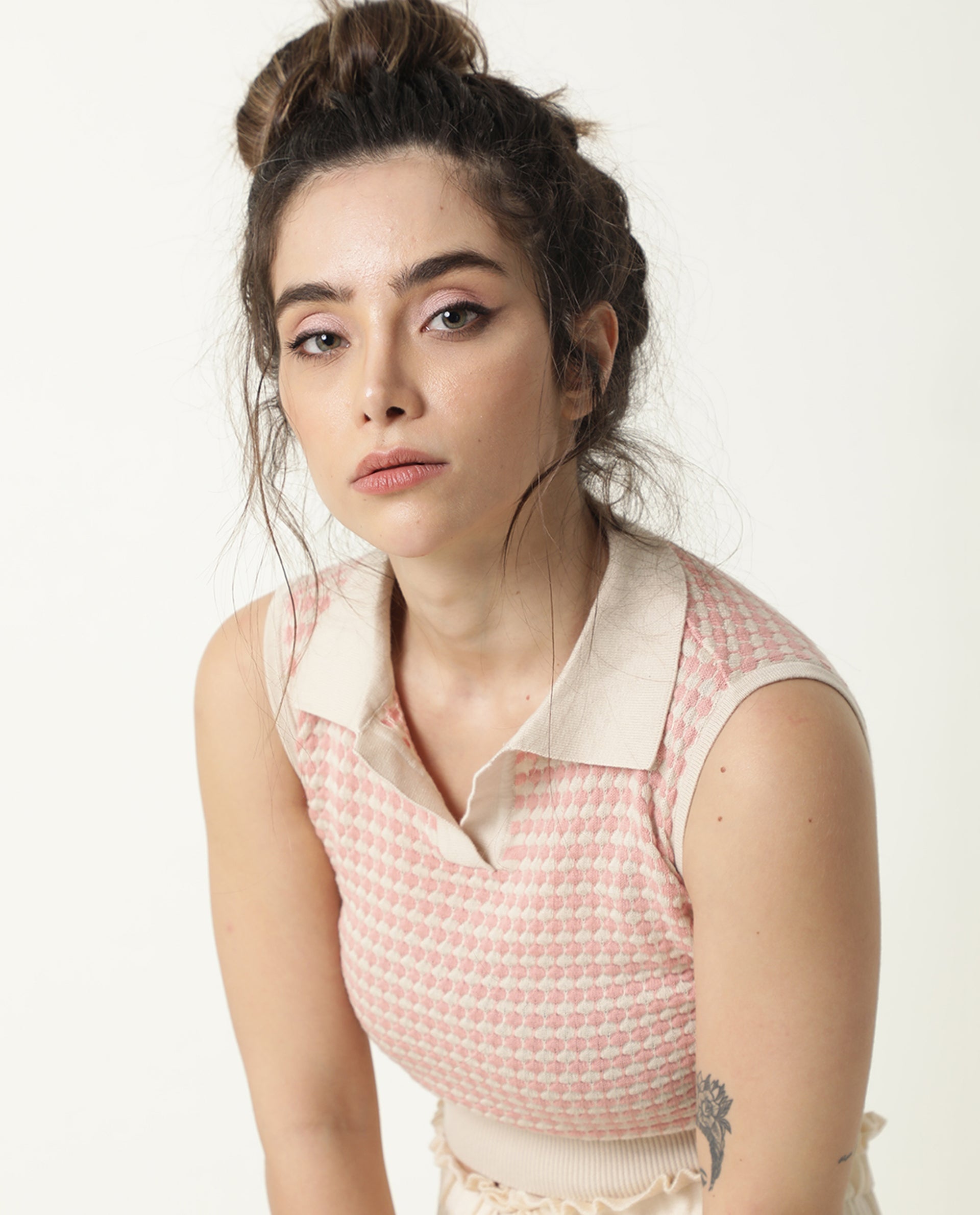 Rareism Women Rylee Beige Cotton Fabric Sleeveless Cropped Regular Fit Textured Shirt Collar Sweater