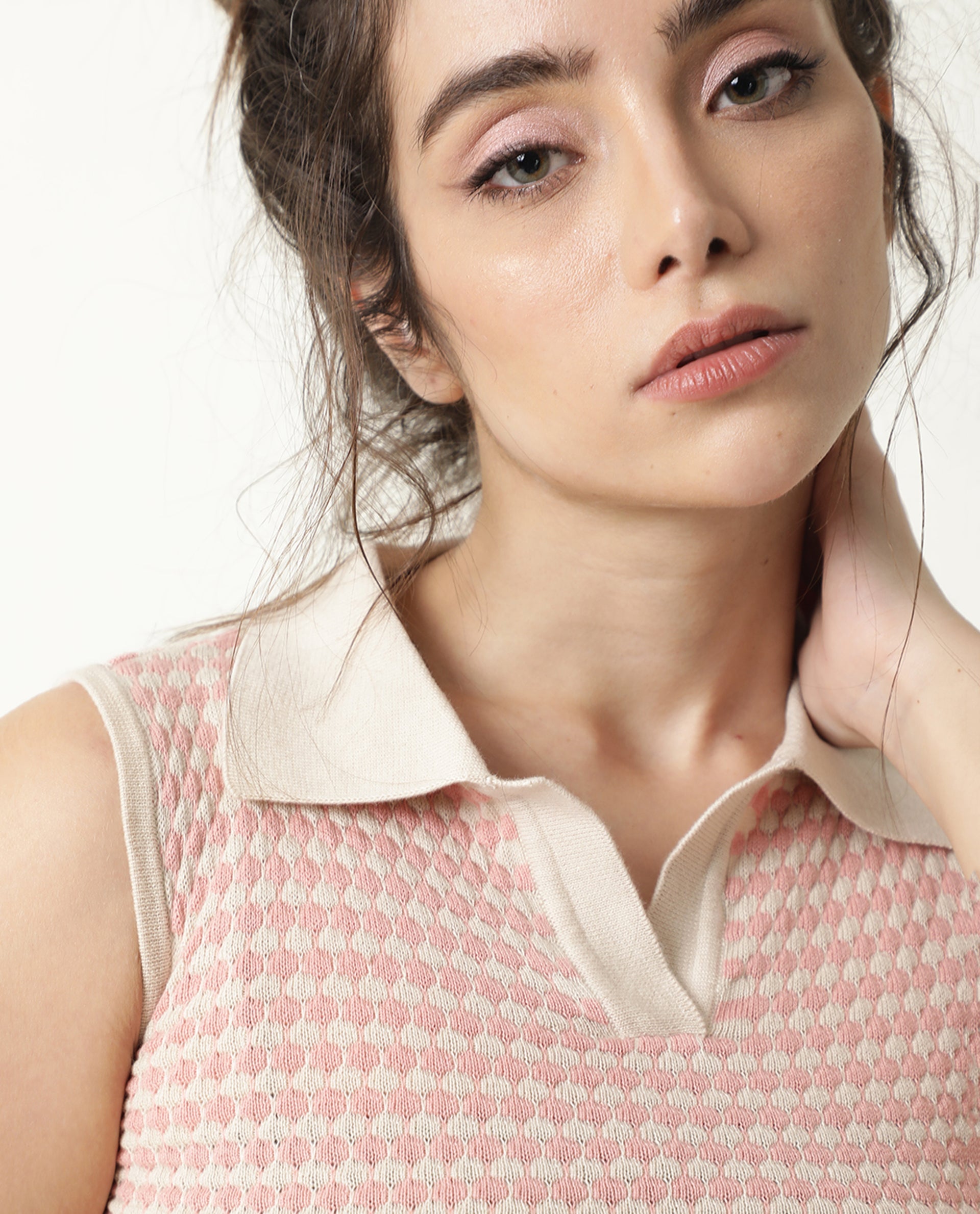 Rareism Women Rylee Beige Cotton Fabric Sleeveless Cropped Regular Fit Textured Shirt Collar Sweater