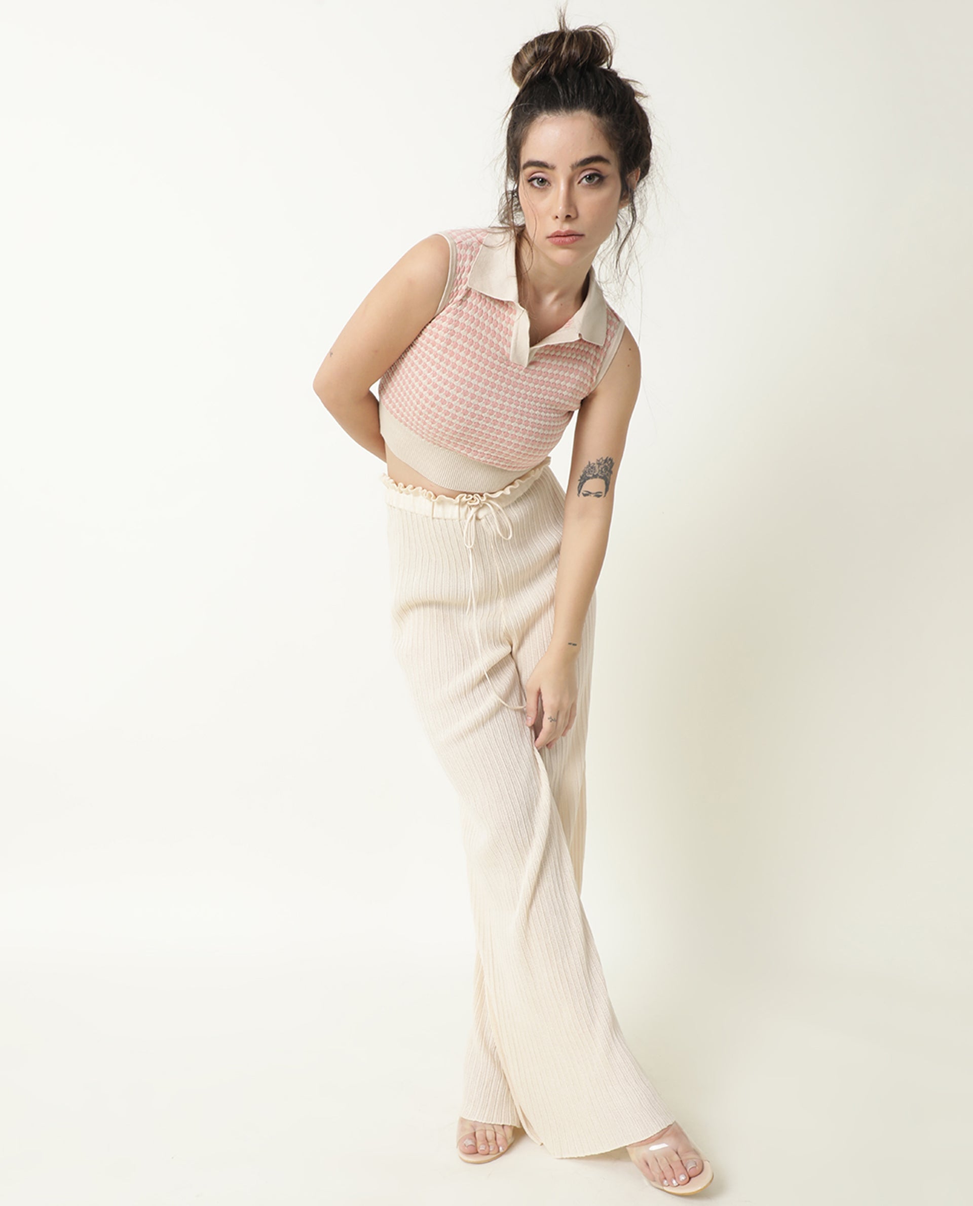 Rareism Women Rylee Beige Cotton Fabric Sleeveless Cropped Regular Fit Textured Shirt Collar Sweater