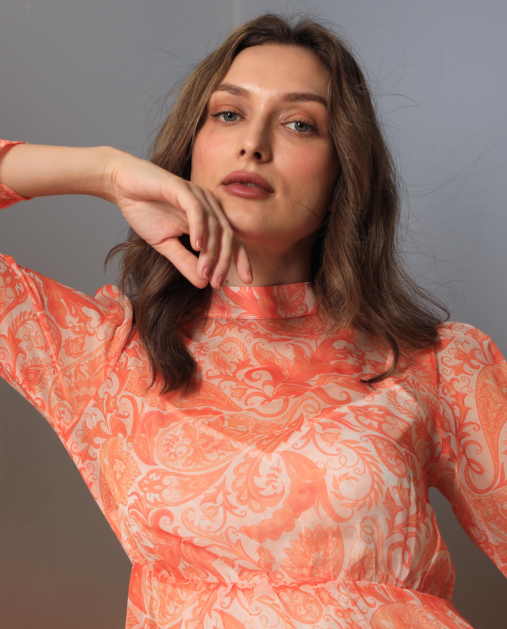 Rareism Women Claris Orange Cotton Fabric Full Sleeves High Neck Regular Fit Paisley Print Knee Length Dress