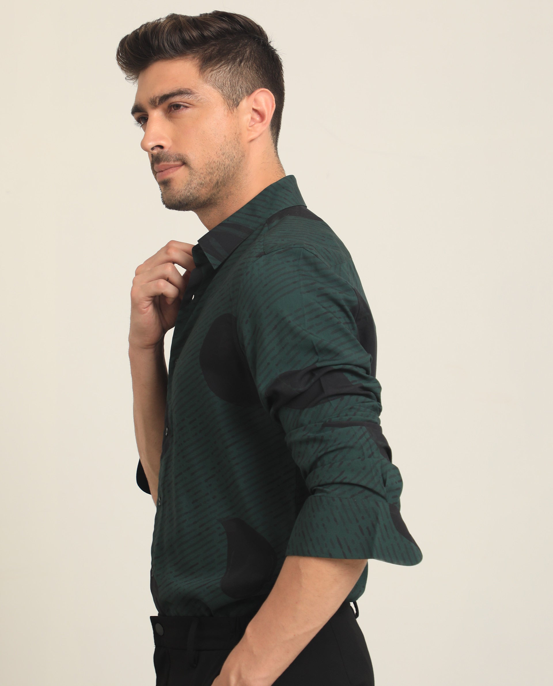 Rare Rabbit Men's Palme Dark Green Viscose Fabric Abstract Print Full Sleeves Shirt