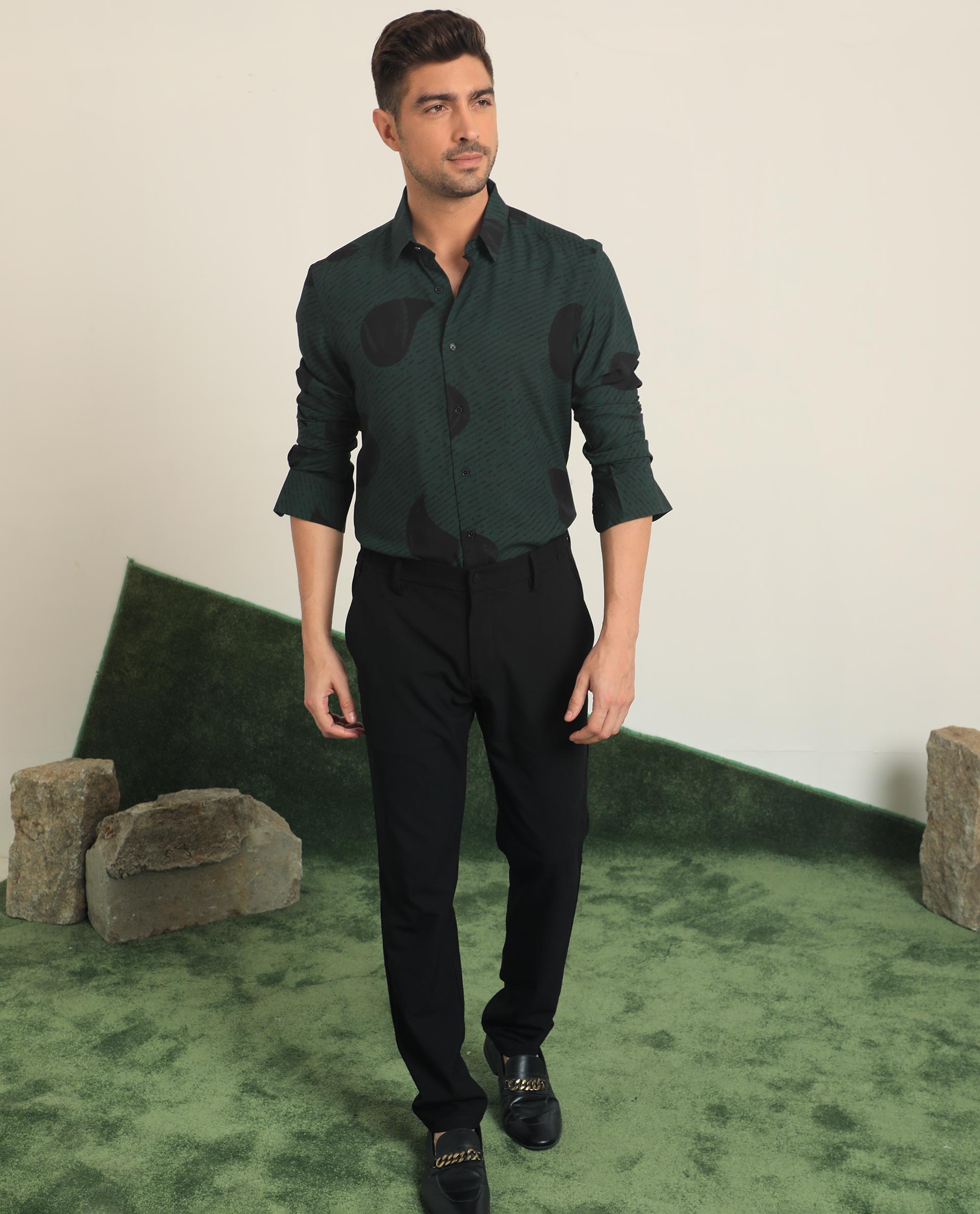 Rare Rabbit Men's Palme Dark Green Viscose Fabric Abstract Print Full Sleeves Shirt