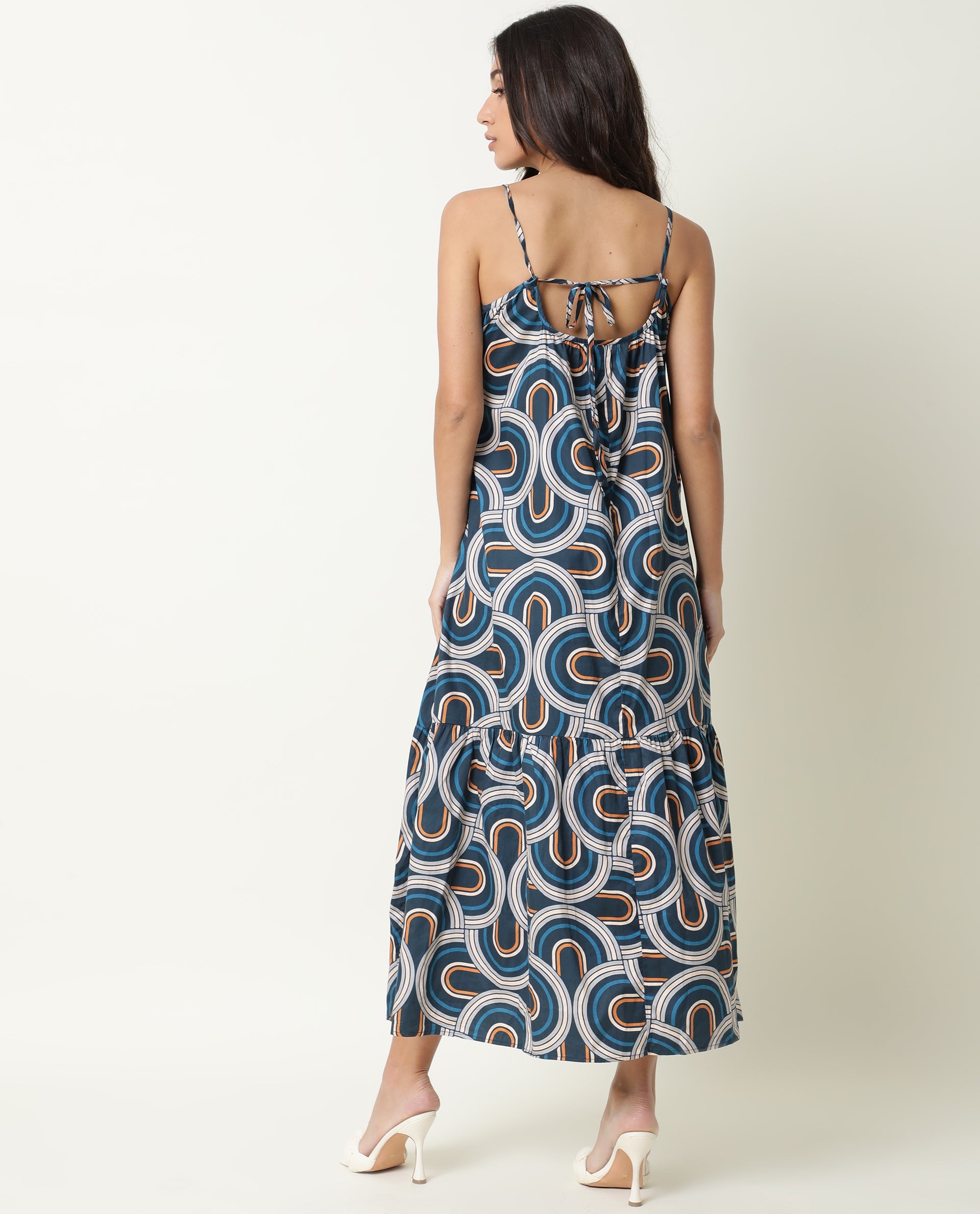 Rareism Women Botany Blue V Neck Spaghetti Straps With Tie Up At Back And Pockets Maxi Dress