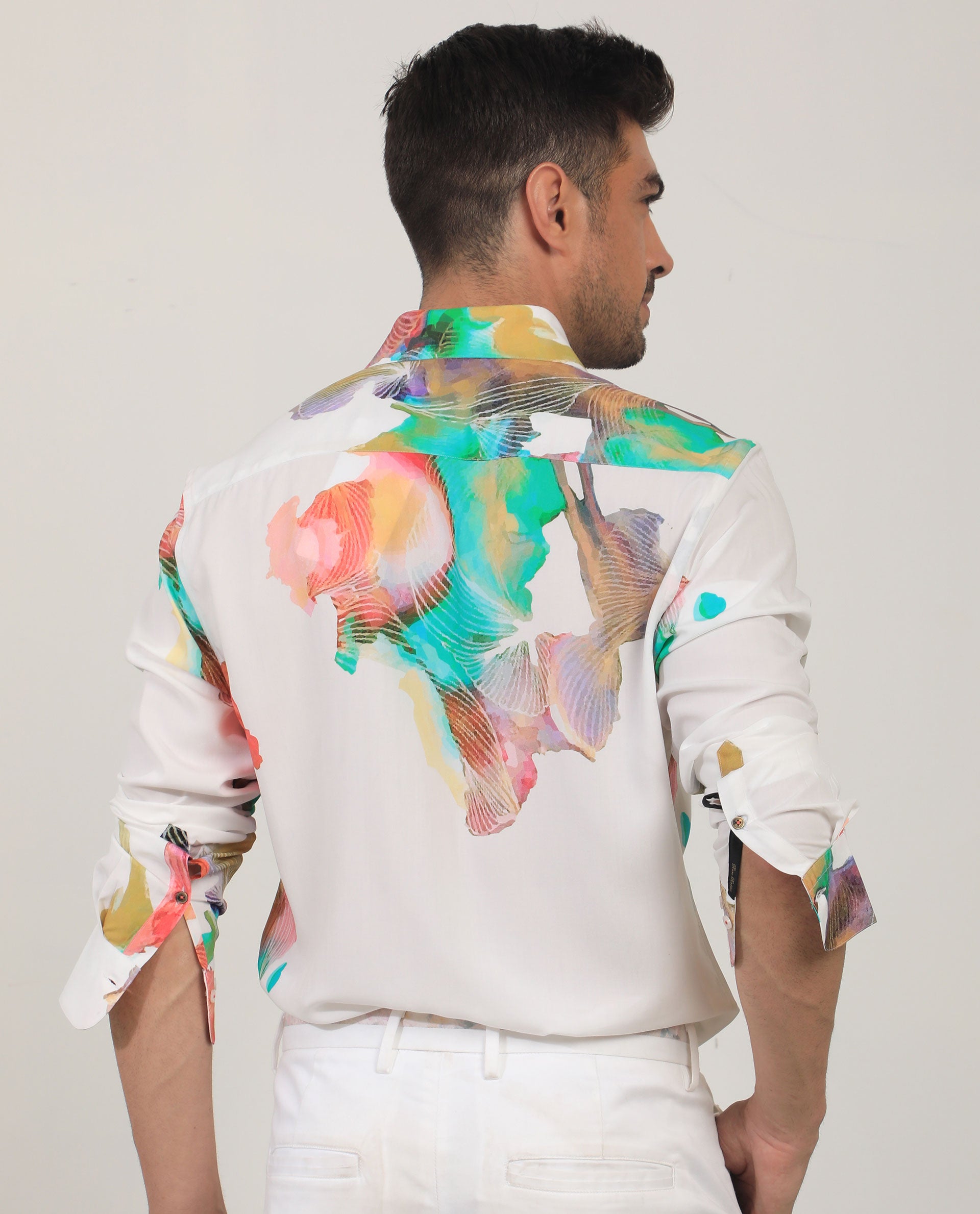 Rare Rabbit Men's Painter White Viscose Fabric Full Sleeves Abstract Print Shirt
