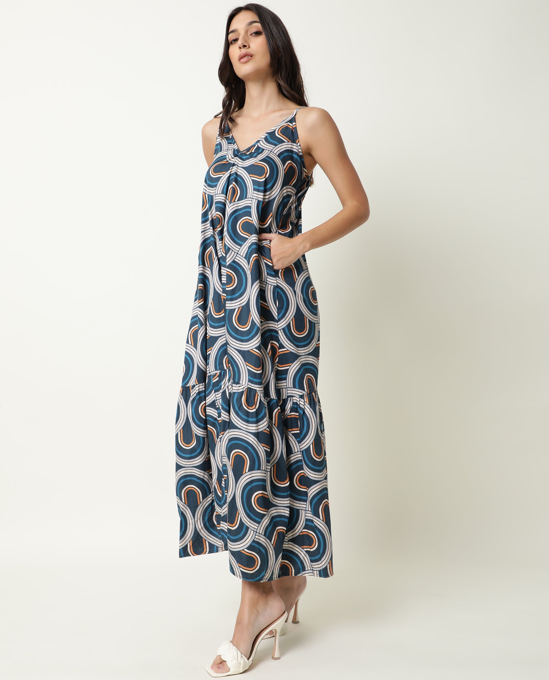 Rareism Women Botany Blue V Neck Spaghetti Straps With Tie Up At Back And Pockets Maxi Dress