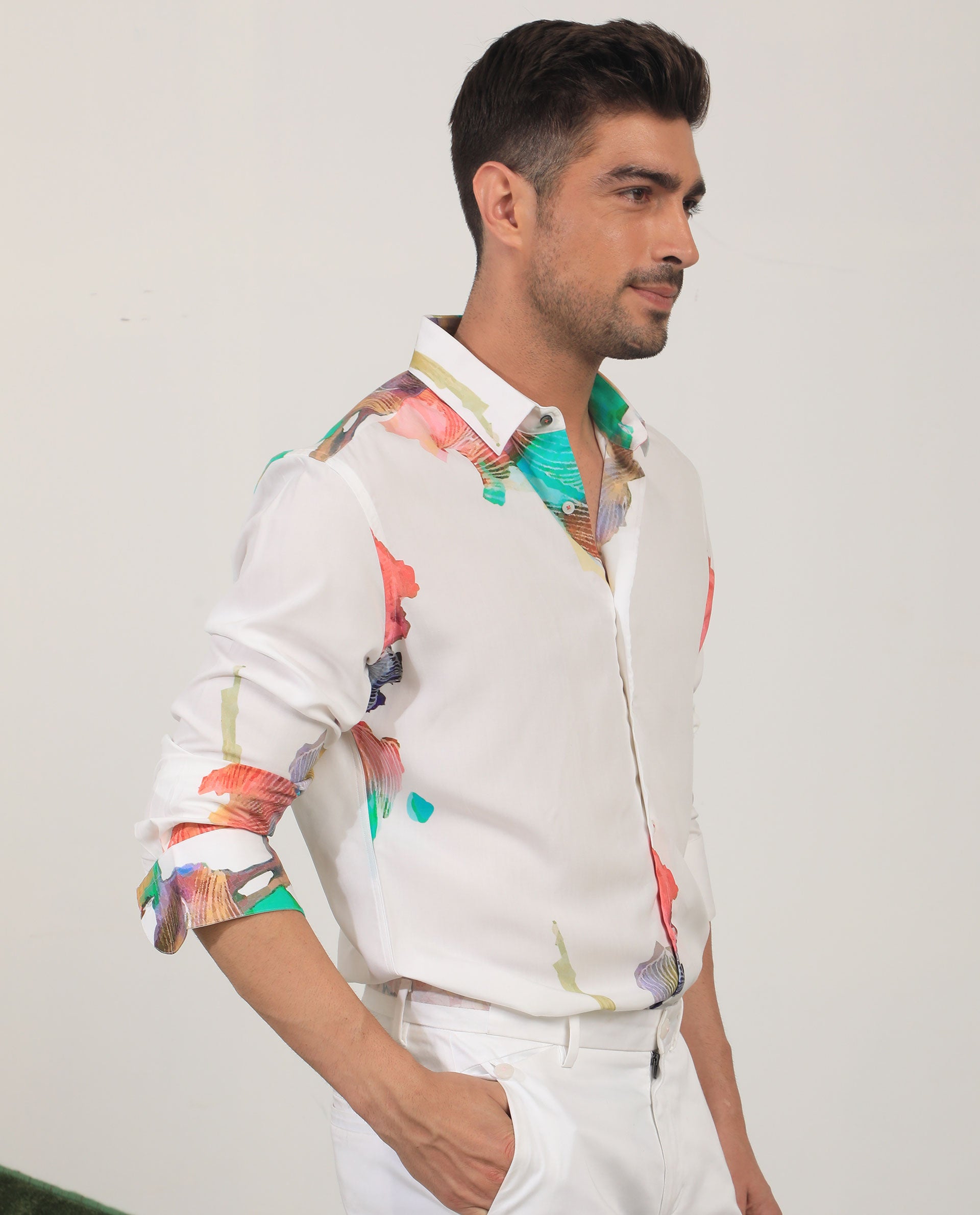 Rare Rabbit Men's Painter White Viscose Fabric Full Sleeves Abstract Print Shirt