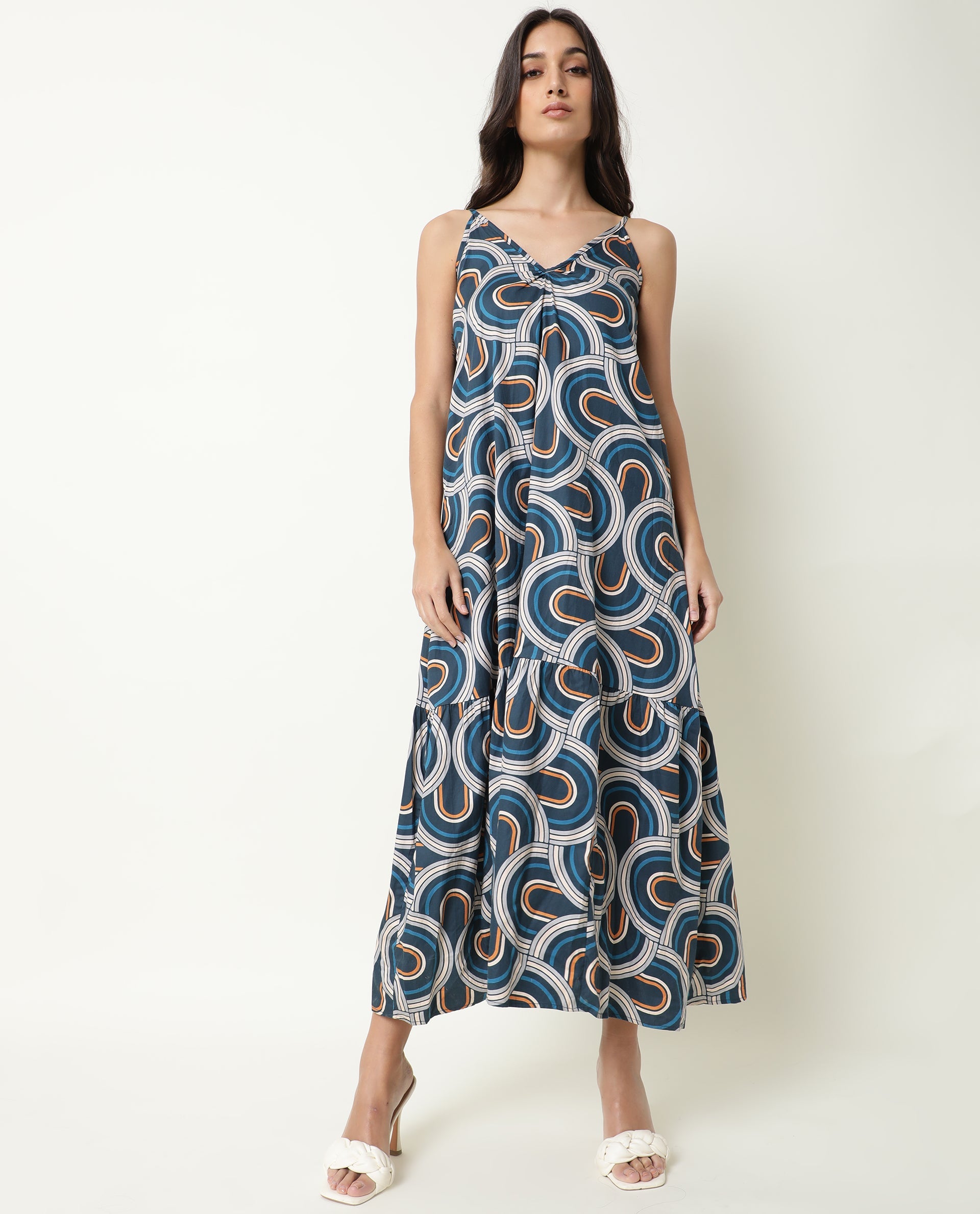 Rareism Women Botany Blue V Neck Spaghetti Straps With Tie Up At Back And Pockets Maxi Dress