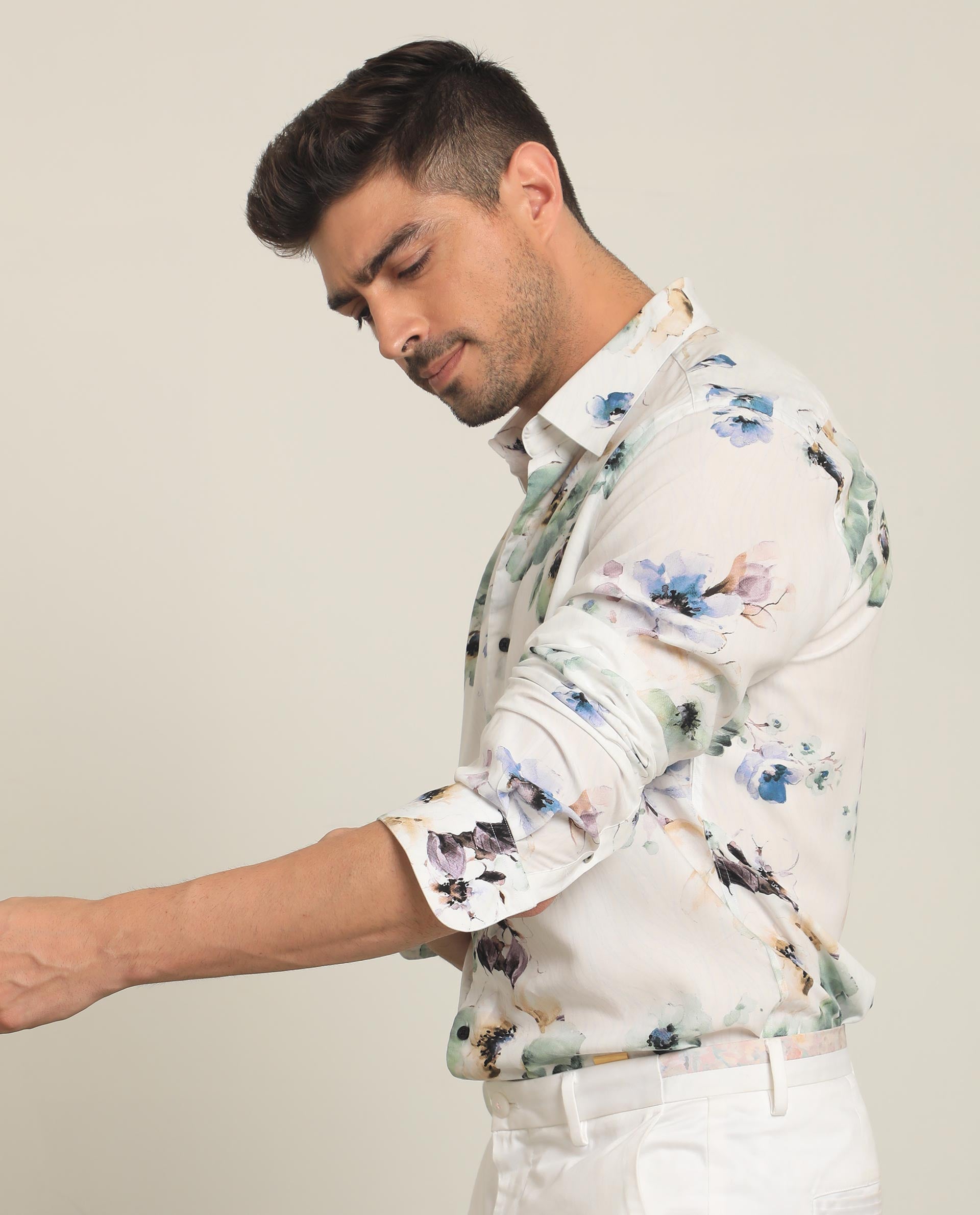 Rare Rabbit Men's Flowey White Viscose Fabric Full Sleeves Regular Fit Floral Print Shirt