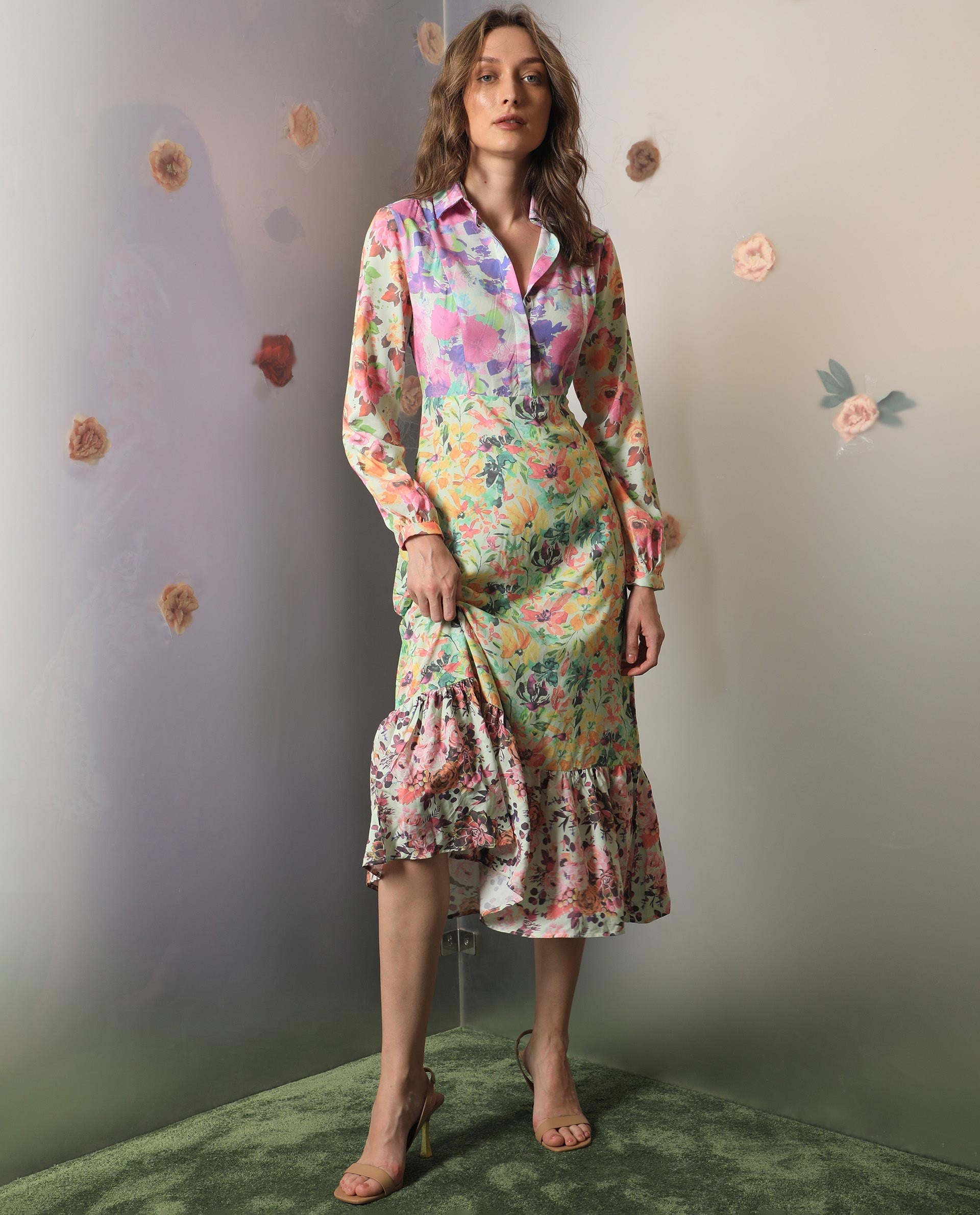 Rareism Women's Caliista Multi Viscose Spread Collar Floral Print Maxi Regular Fit Dress