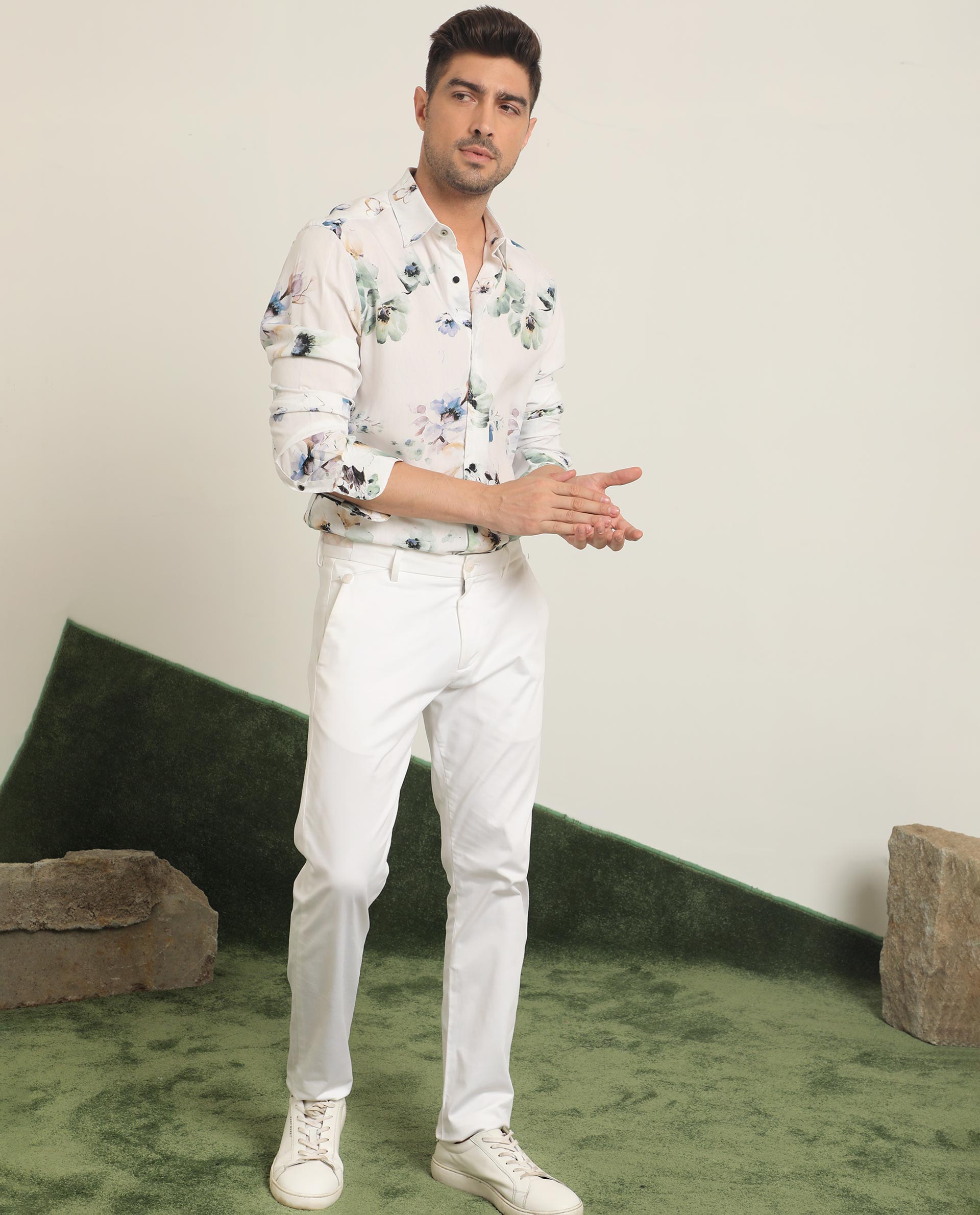 Rare Rabbit Men's Flowey White Viscose Fabric Full Sleeves Regular Fit Floral Print Shirt