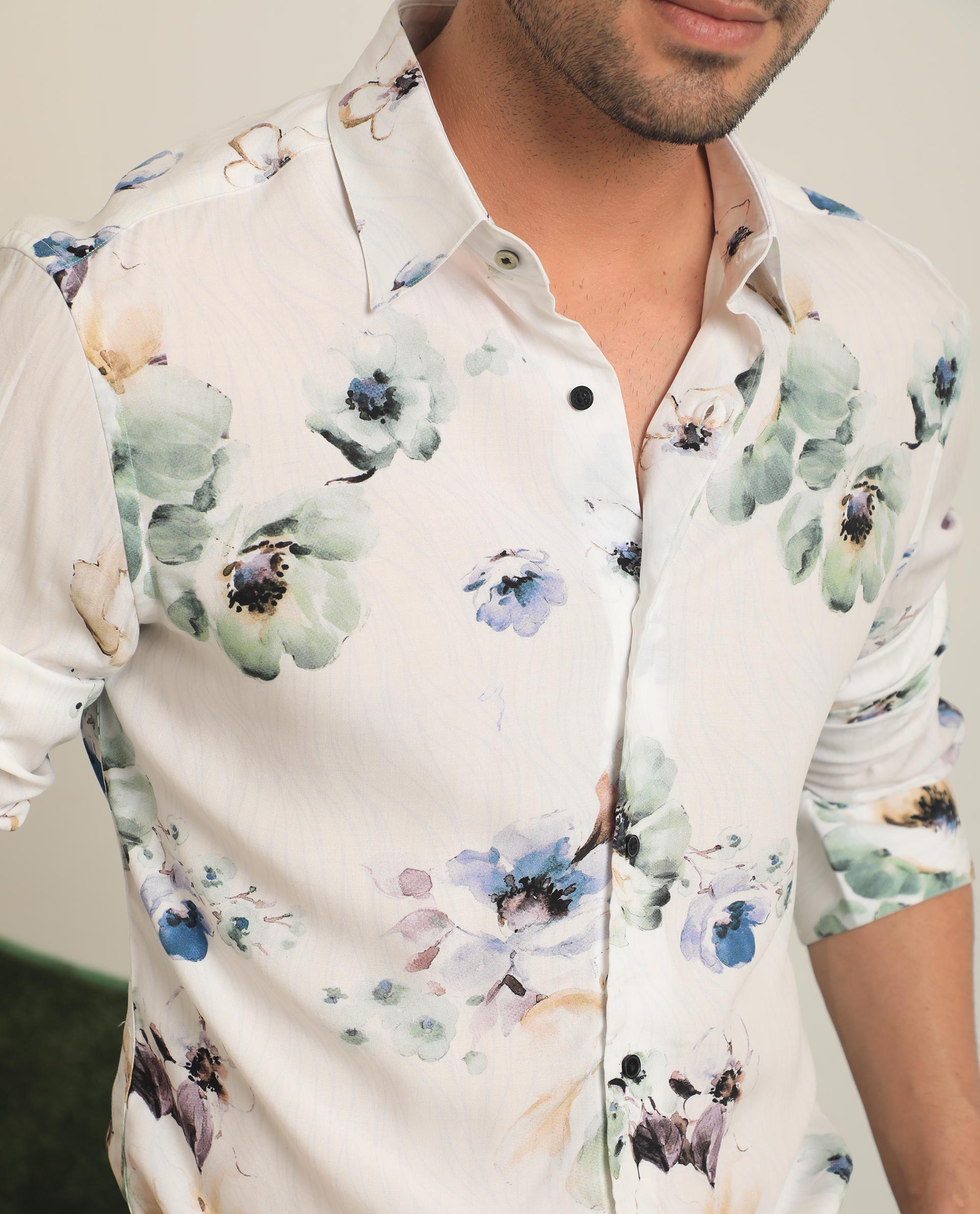 Rare Rabbit Men's Flowey White Viscose Fabric Full Sleeves Regular Fit Floral Print Shirt