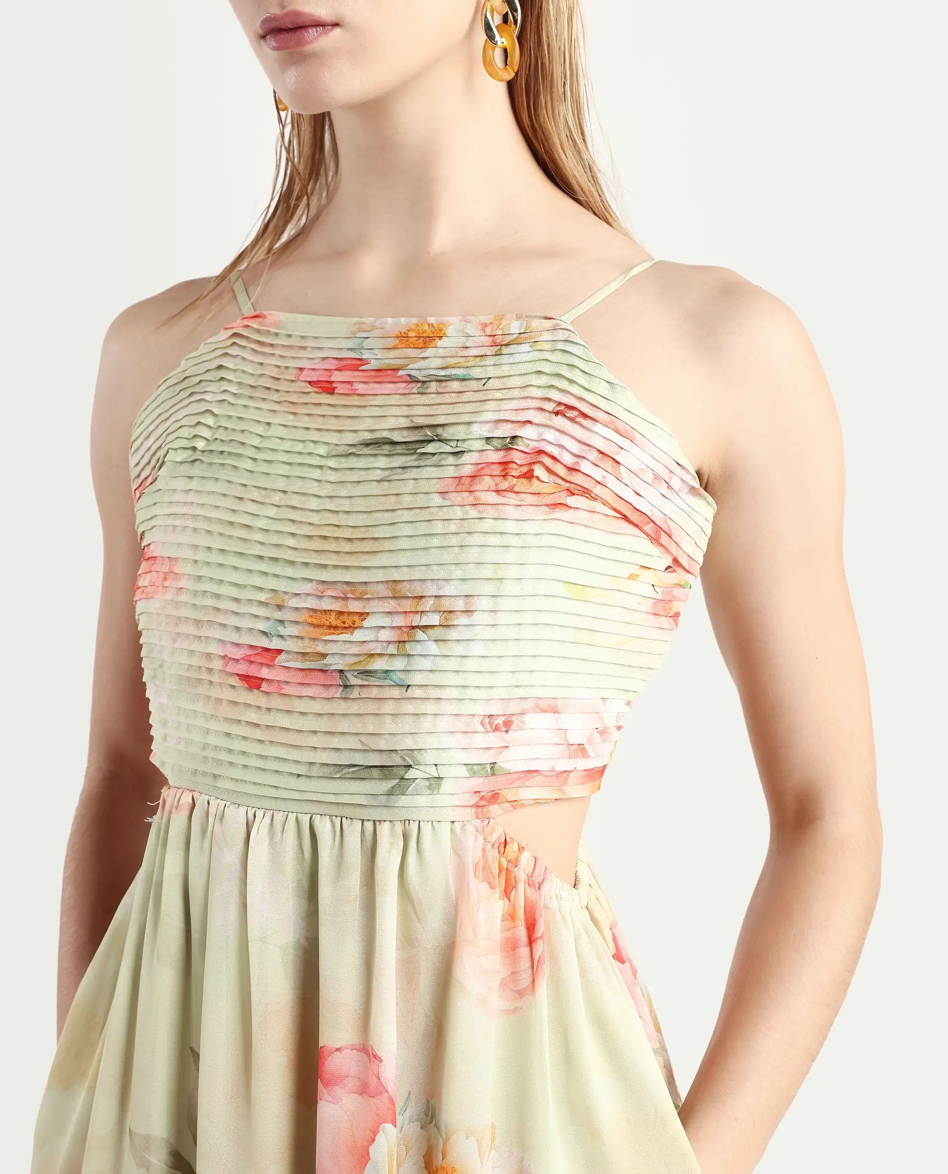 Rareism Women's Imola Light Multi Polyester Shoulder Strap Floral Print Shoulder Strap Maxi Fit And Flare Dress