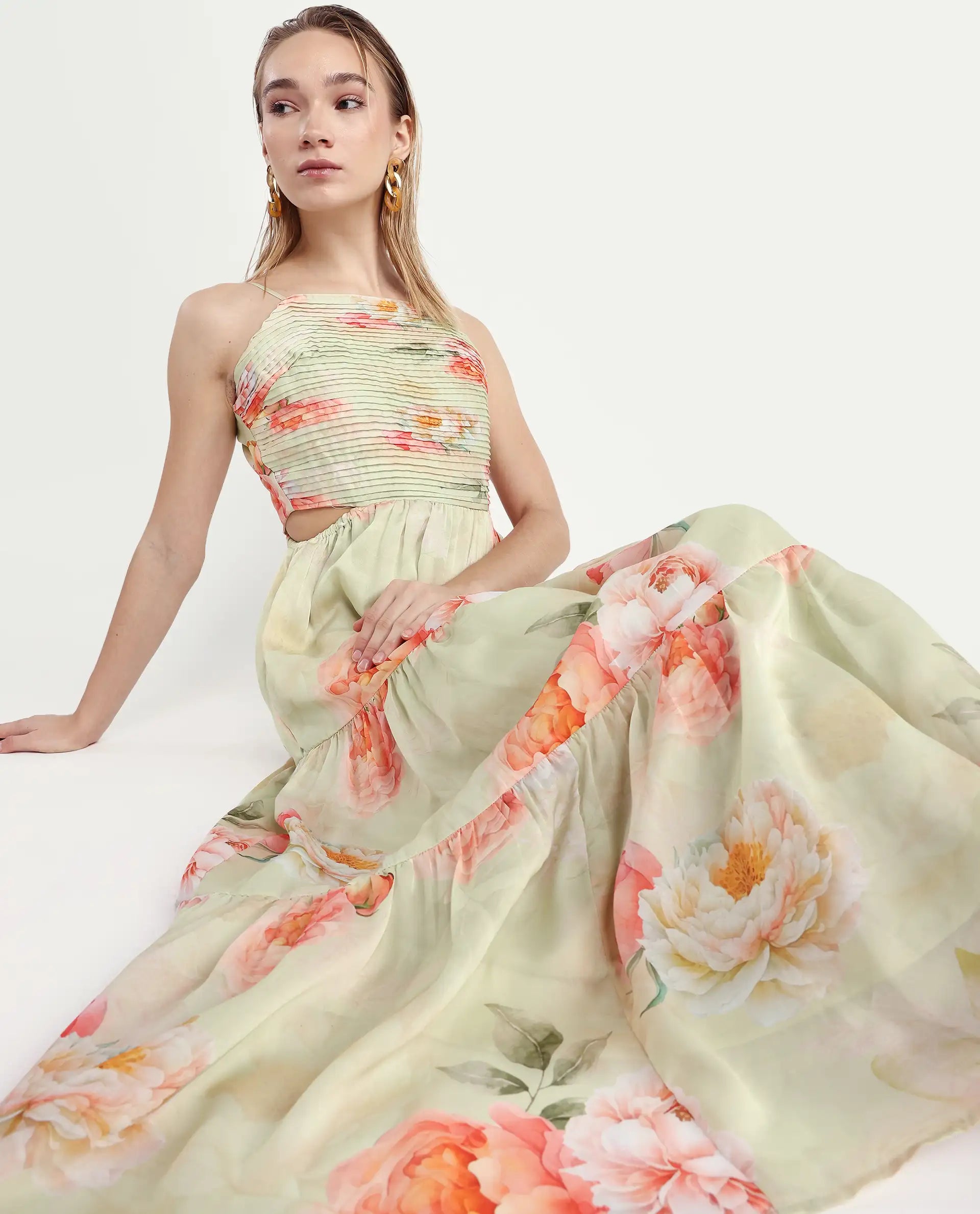 Rareism Women's Imola Light Multi Polyester Shoulder Strap Floral Print Shoulder Strap Maxi Fit And Flare Dress