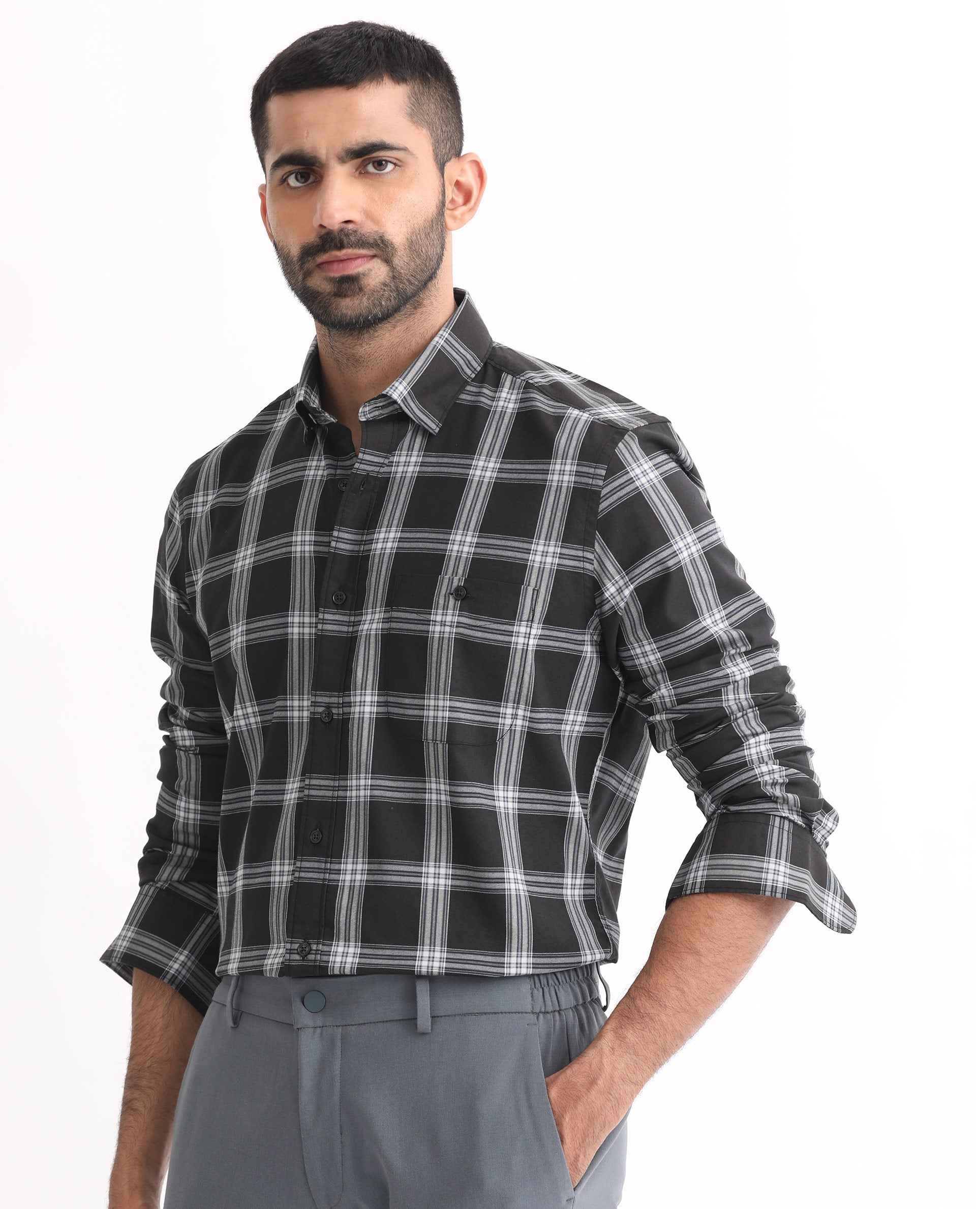 Rare Rabbit Men's Imperial Black Cotton Polyester Fabric Full Sleeves Checks Shirt