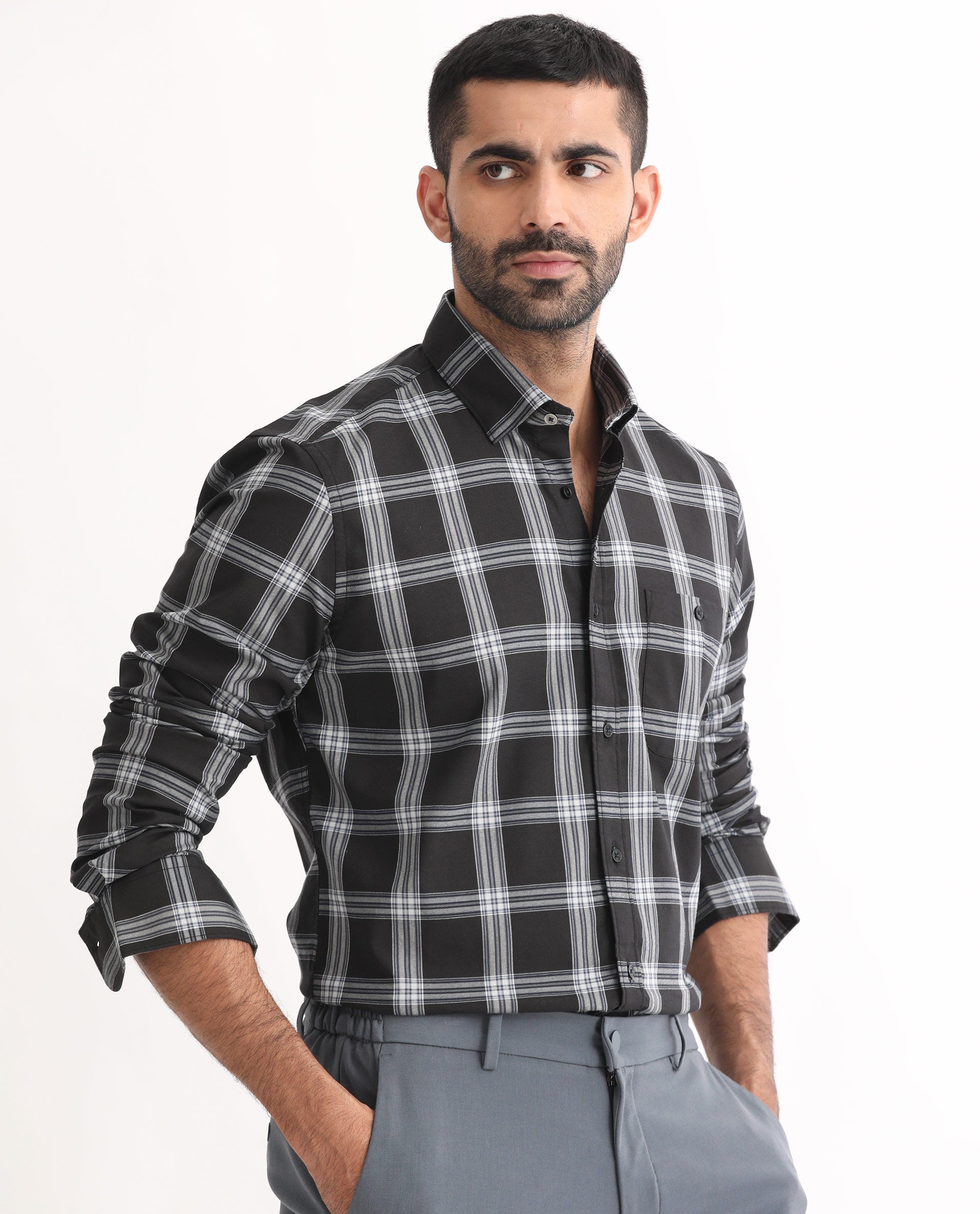 Rare Rabbit Men's Imperial Black Cotton Polyester Fabric Full Sleeves Checks Shirt