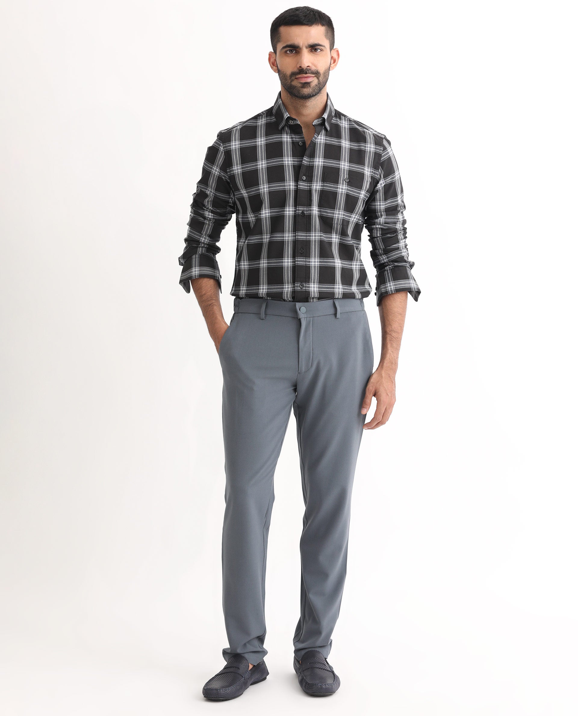 Rare Rabbit Men's Imperial Black Cotton Polyester Fabric Full Sleeves Checks Shirt