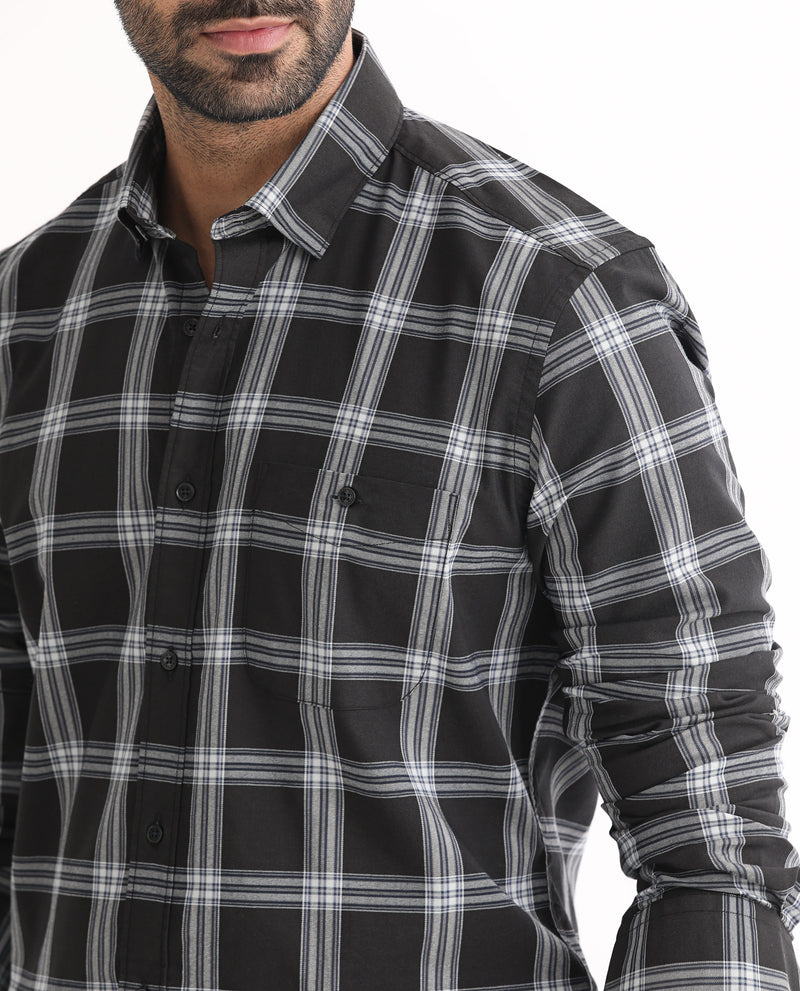 Rare Rabbit Men's Imperial Black Cotton Polyester Fabric Full Sleeves Checks Shirt