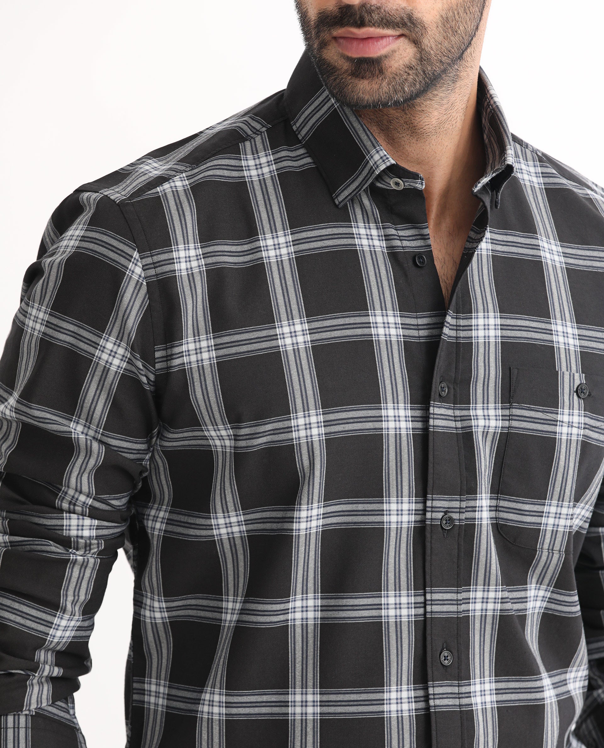 Rare Rabbit Men's Imperial Black Cotton Polyester Fabric Full Sleeves Checks Shirt