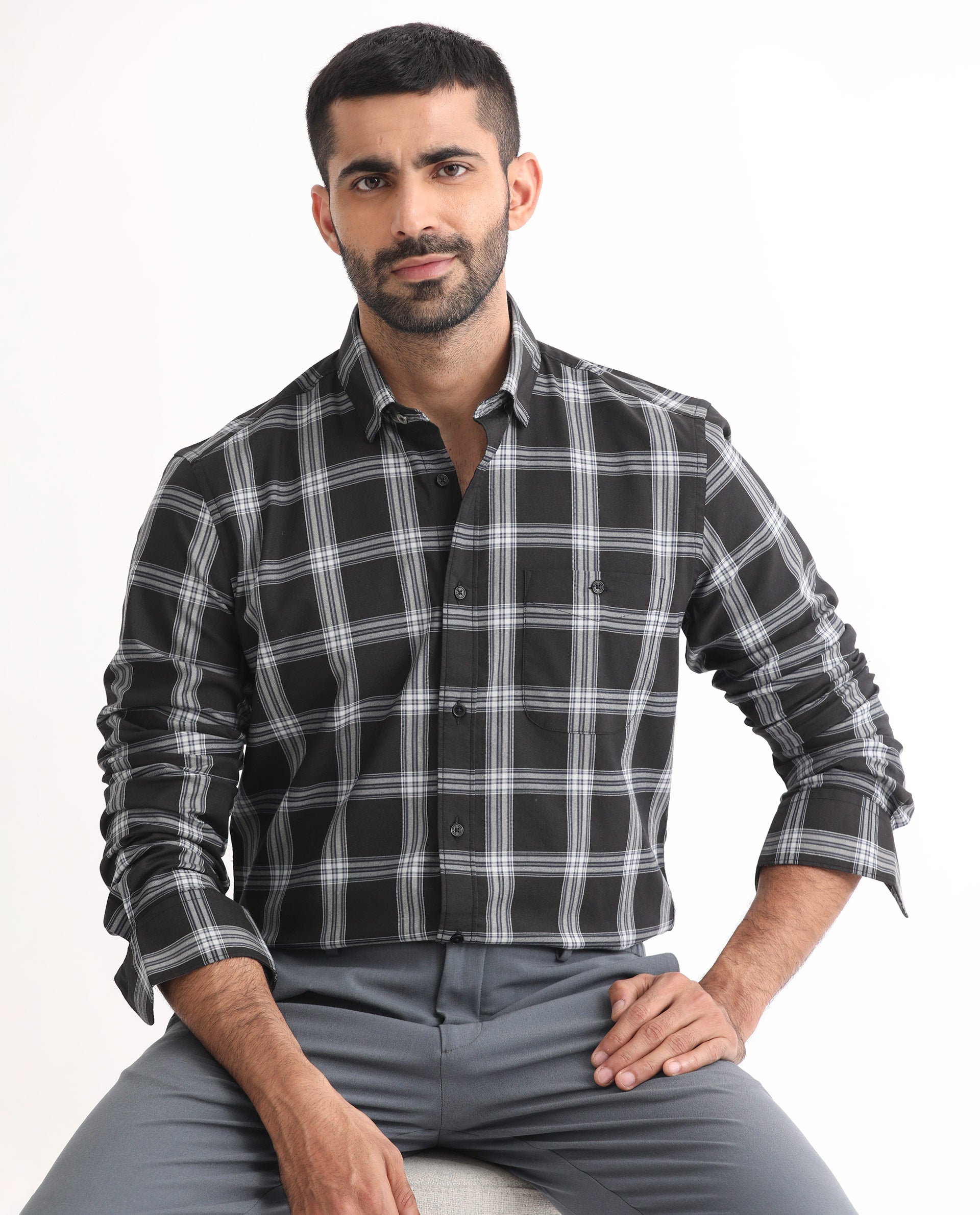 Rare Rabbit Men's Imperial Black Cotton Polyester Fabric Full Sleeves Checks Shirt