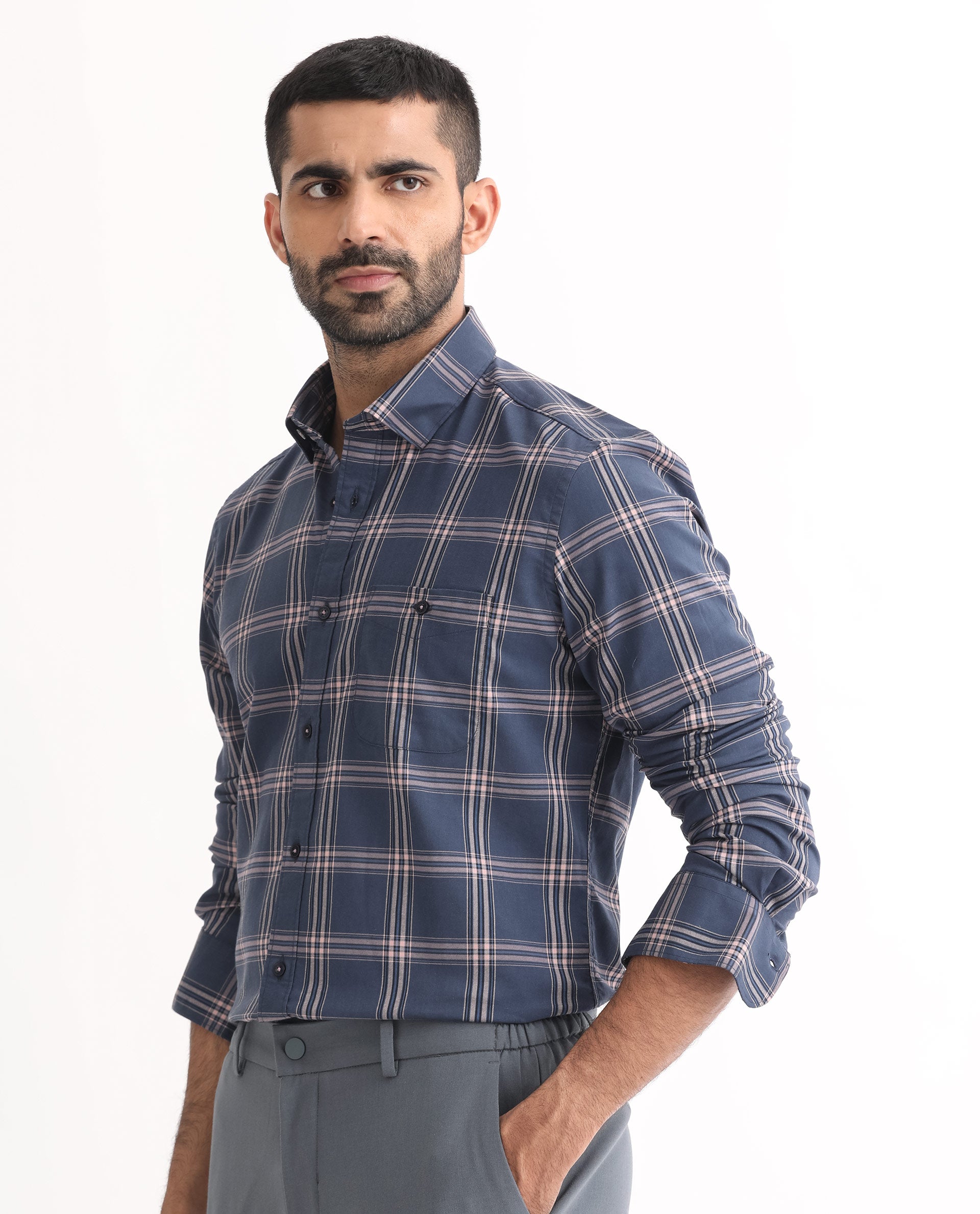 Rare Rabbit Men's Imperial Blue Cotton Polyester Fabric Full Sleeves Checks Shirt