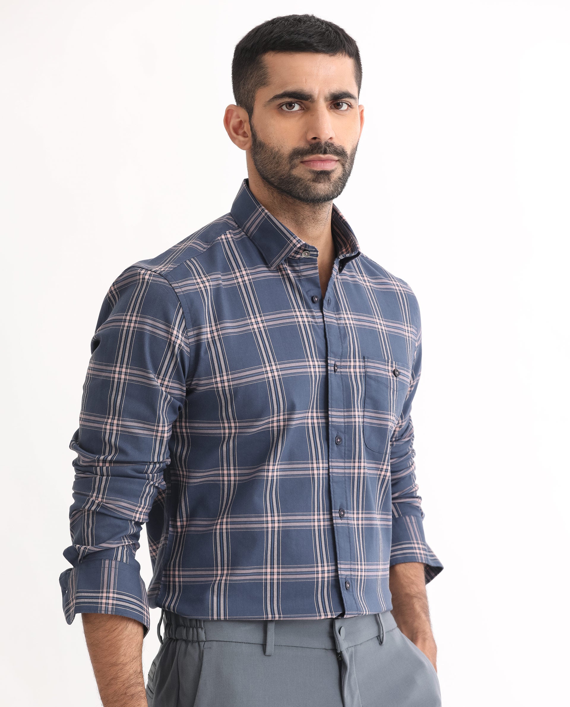 Rare Rabbit Men's Imperial Blue Cotton Polyester Fabric Full Sleeves Checks Shirt