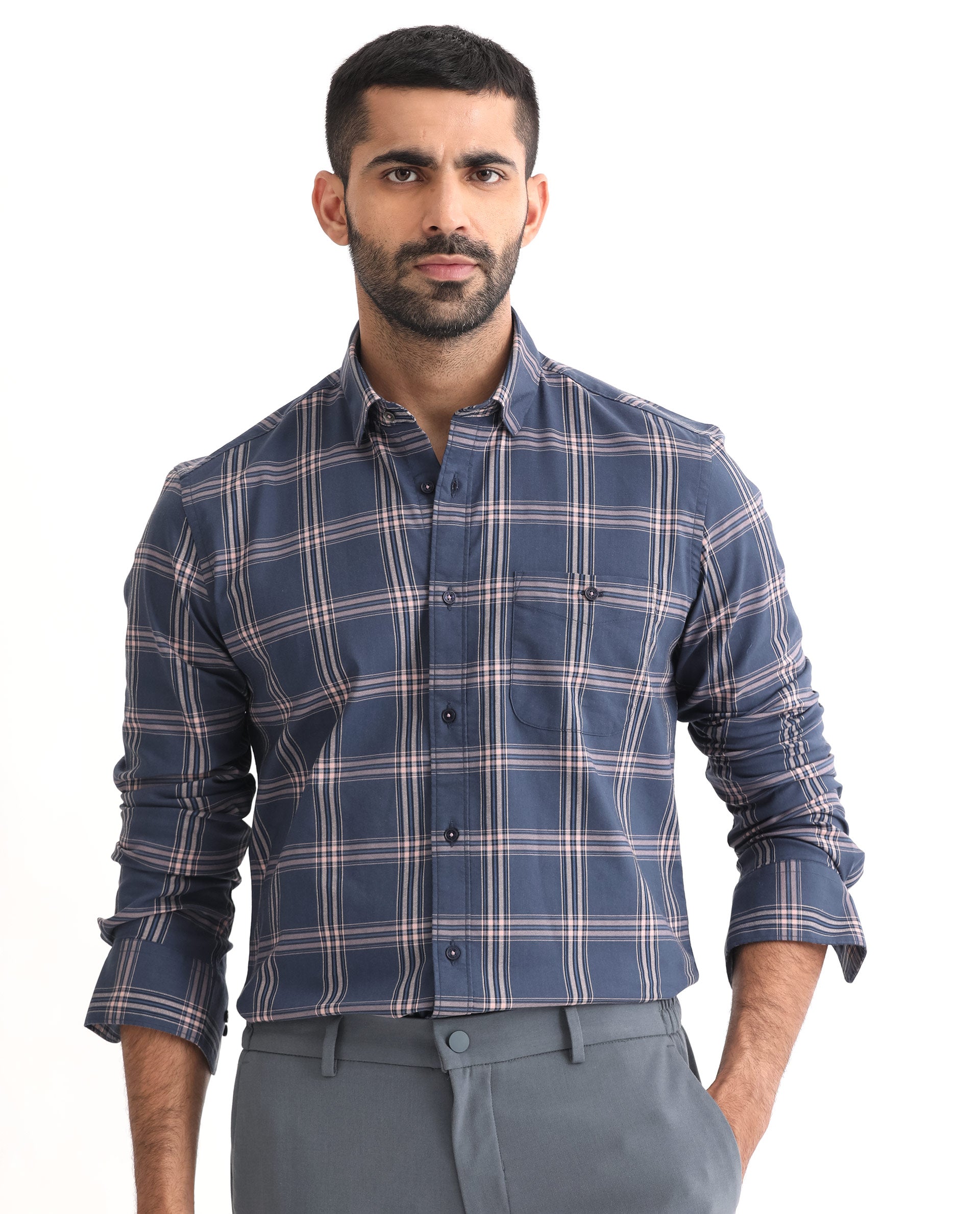 Rare Rabbit Men's Imperial Blue Cotton Polyester Fabric Full Sleeves Checks Shirt